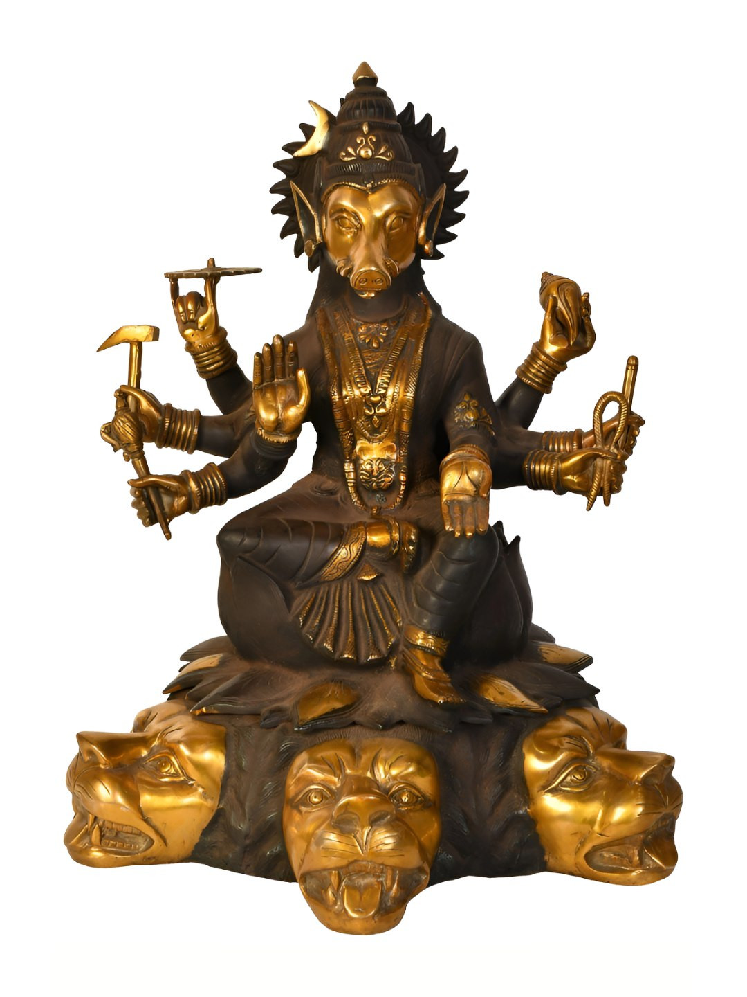 Exotic India Devi Varahi Goddess of Darkness Brown Brass Metallic Prayer Room Large Showpiece - 20 Inches