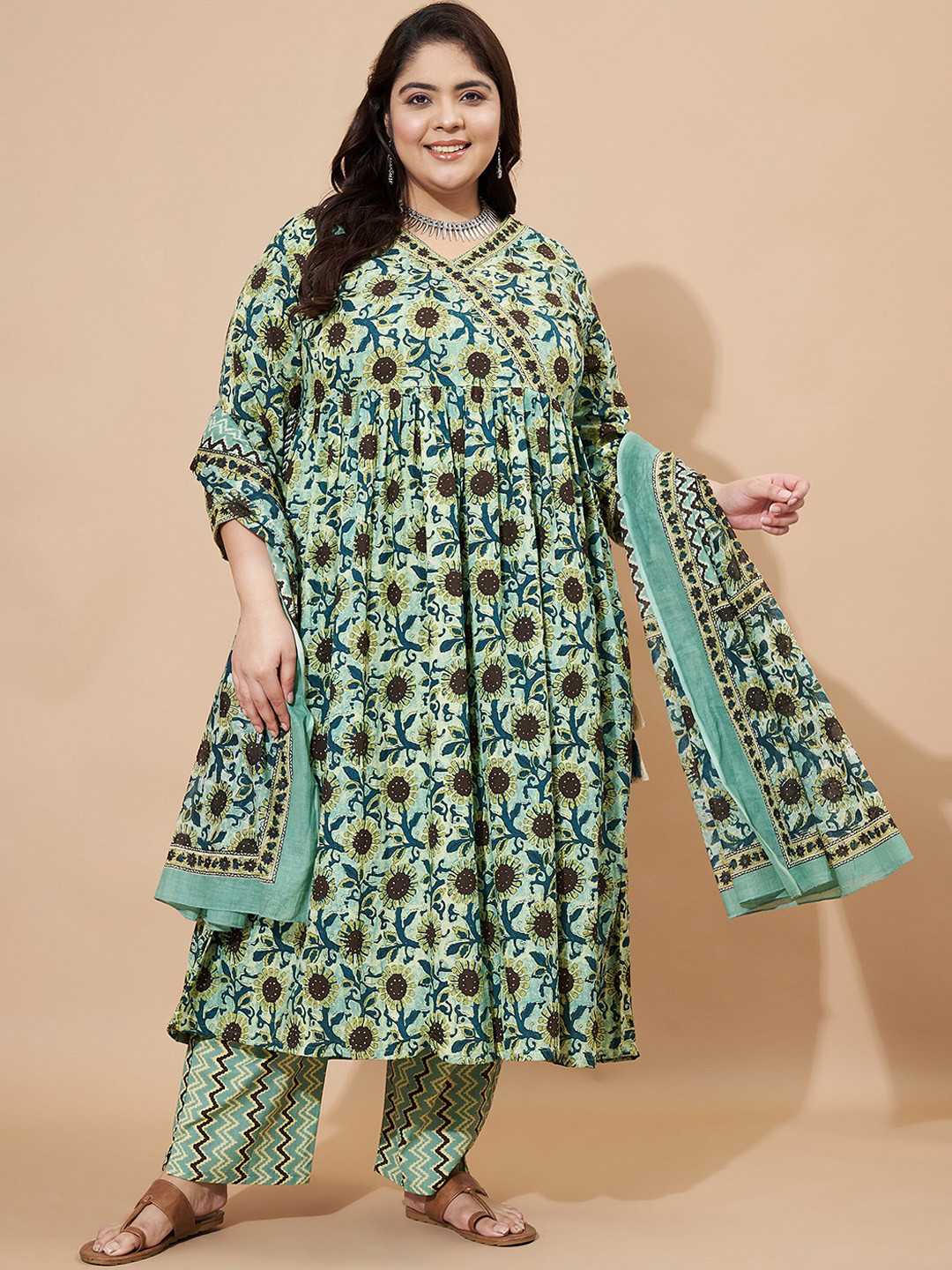 KALINI Women Floral Printed Regular Pure Cotton Kurta with Trousers & With Dupatta