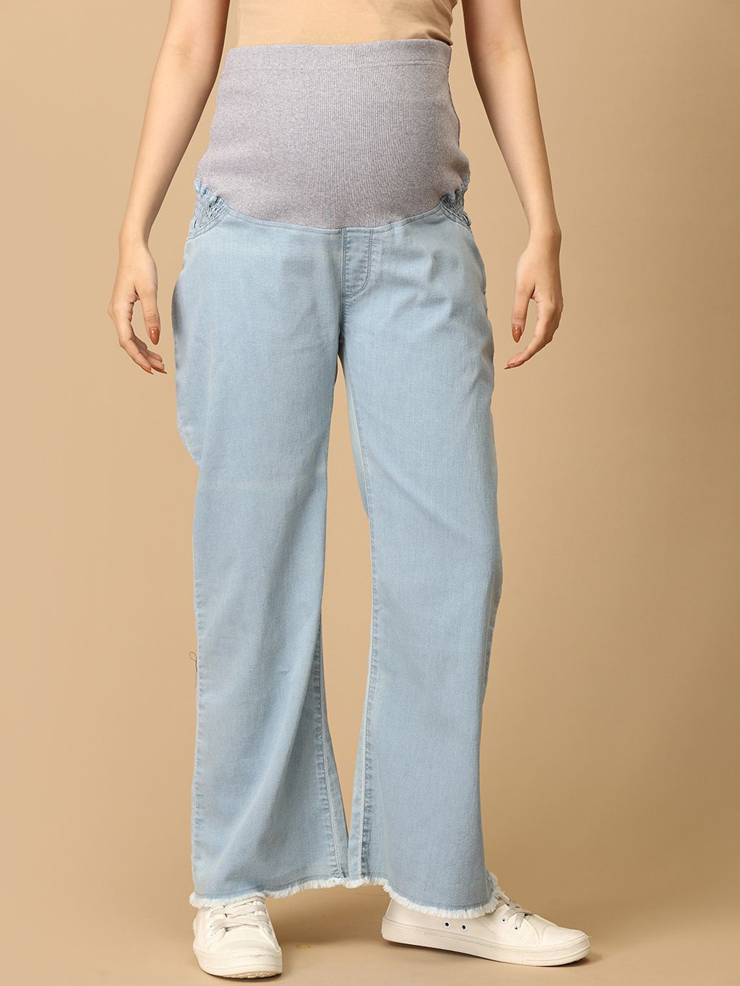 The Mom Store Women Comfort Wide Leg High-Rise Heavy Fade Maternity Jeans