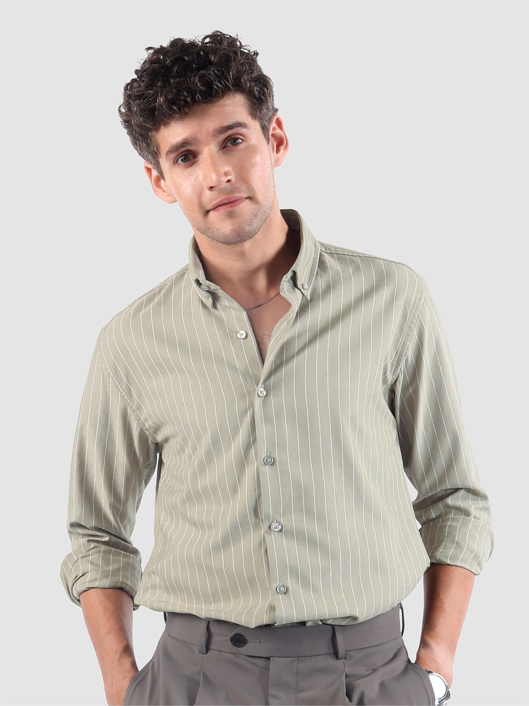 Beyoung Men Khaki Stripe Button Down Collar Shirt