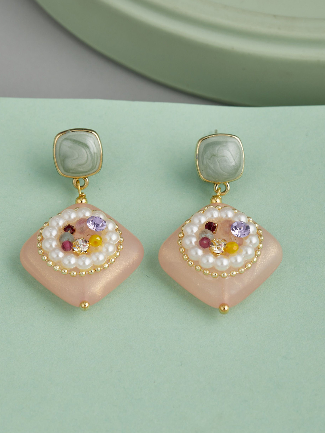 GC Jewelery Gold-Plated Artificial Stones Studded and Beaded Diamond Shaped Drop Earrings