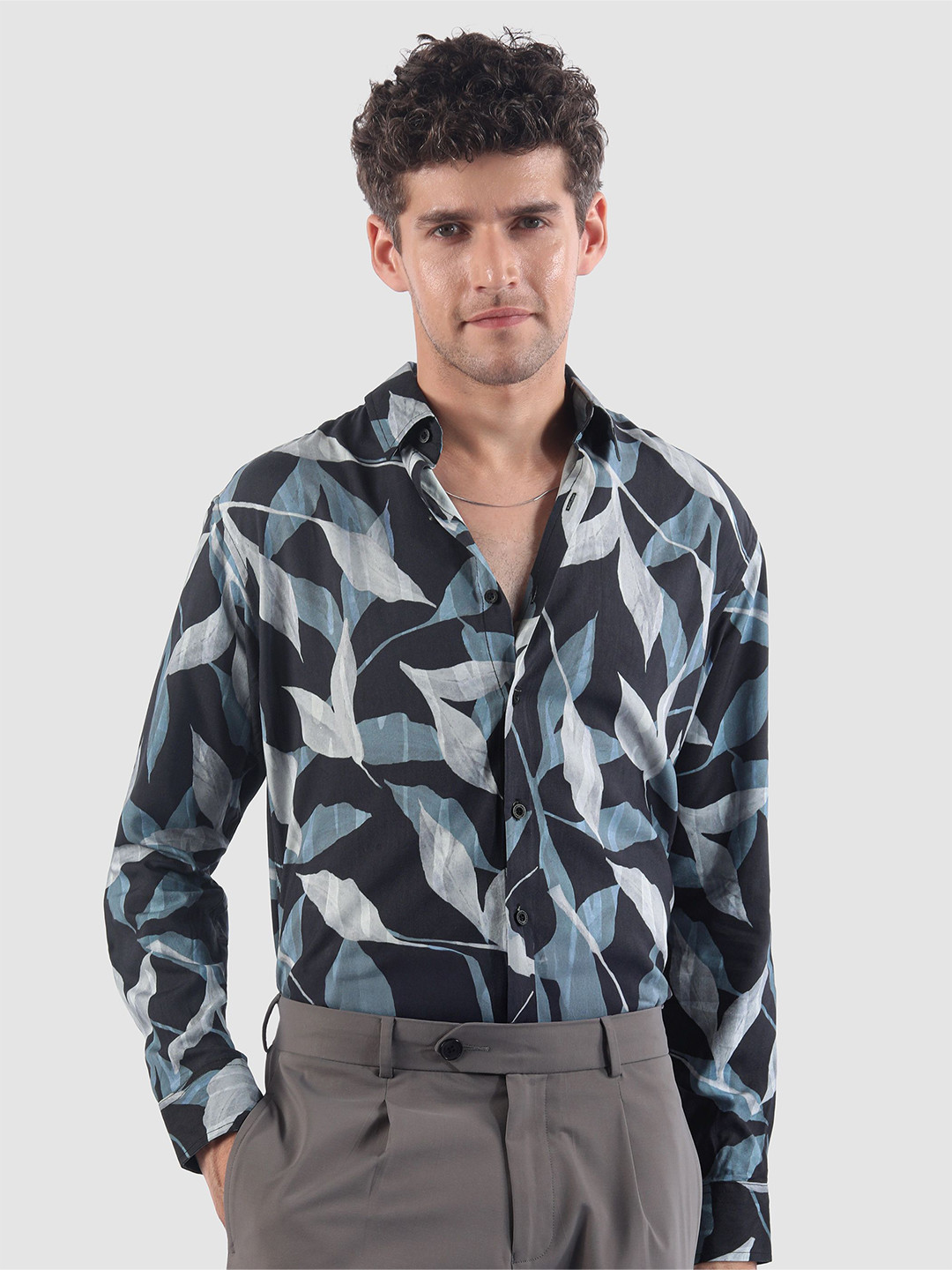 Beyoung Men Dark Blue Leaf Print Shirt