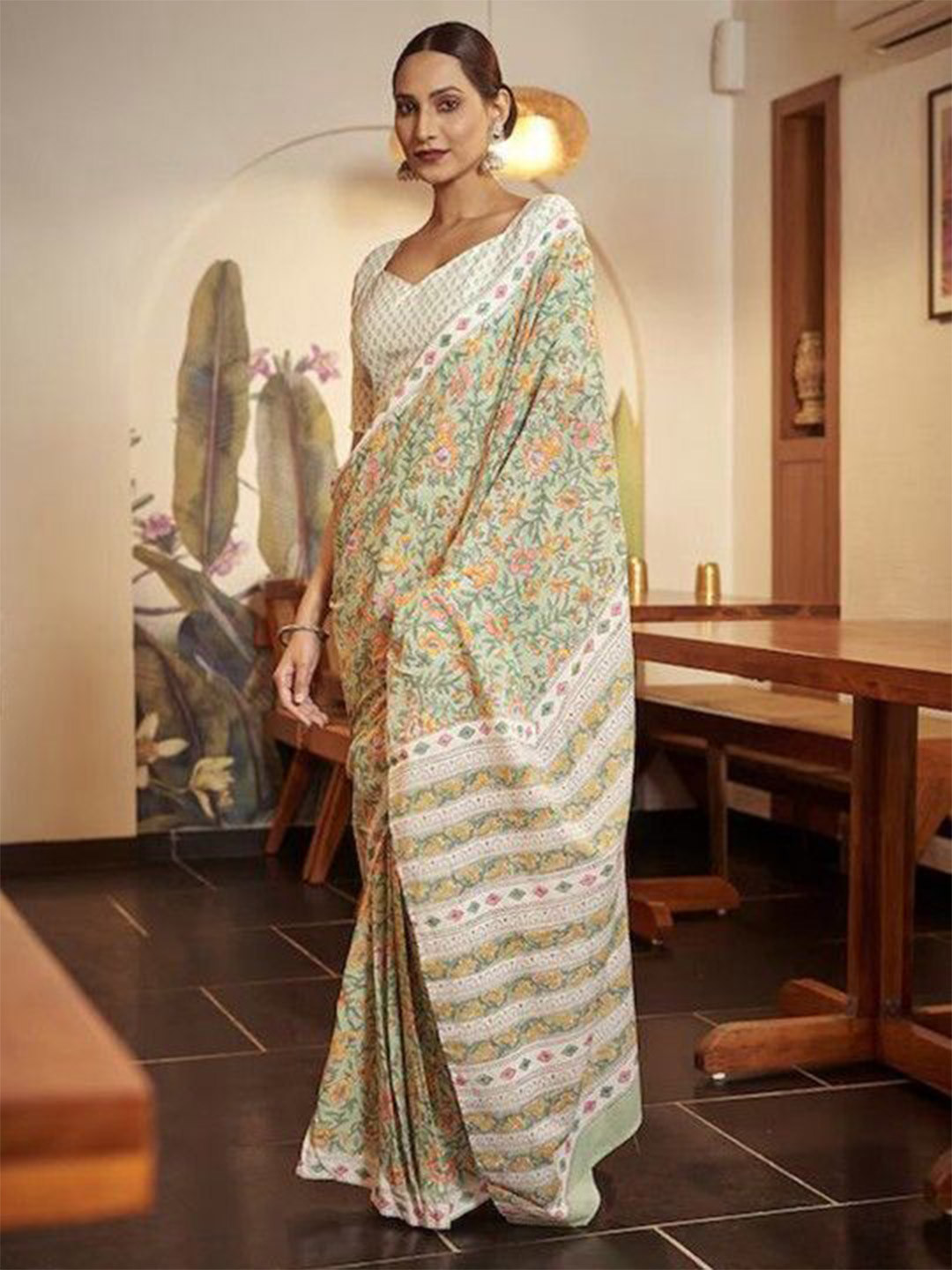LeeliPeeri Designer Floral Ajrakh Block Printed Mulmul Cotton Saree