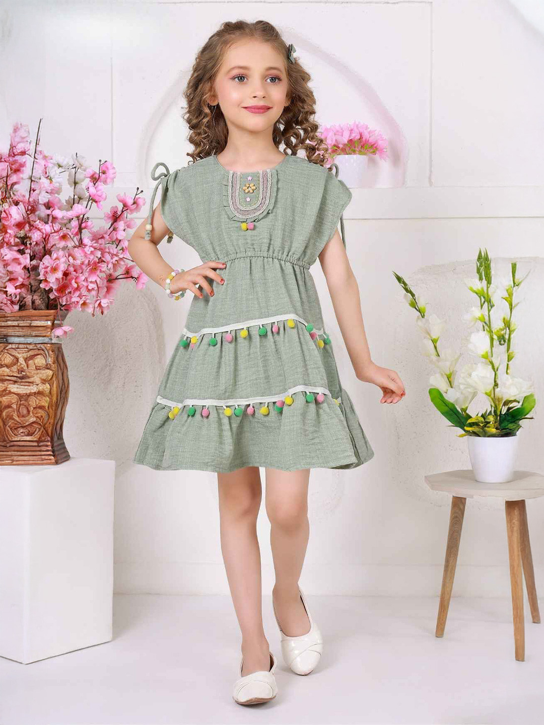 Lagorii Green Pom-Pom Cotton Frock with Embroidered Yoke For Girls