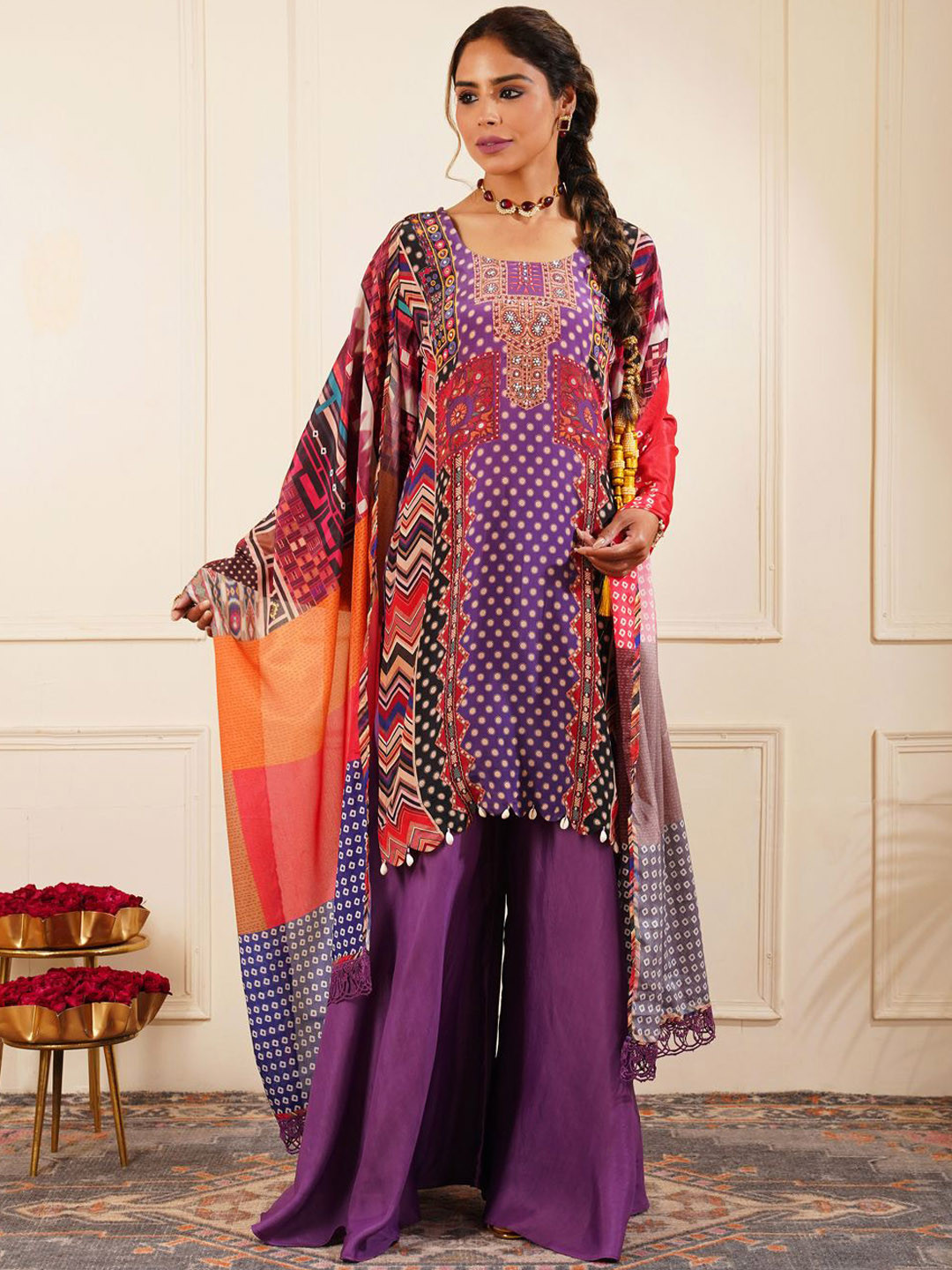 Shop Begum Dilbar Floral Printed Square Neck Kurta With Palazzos & Dupatta