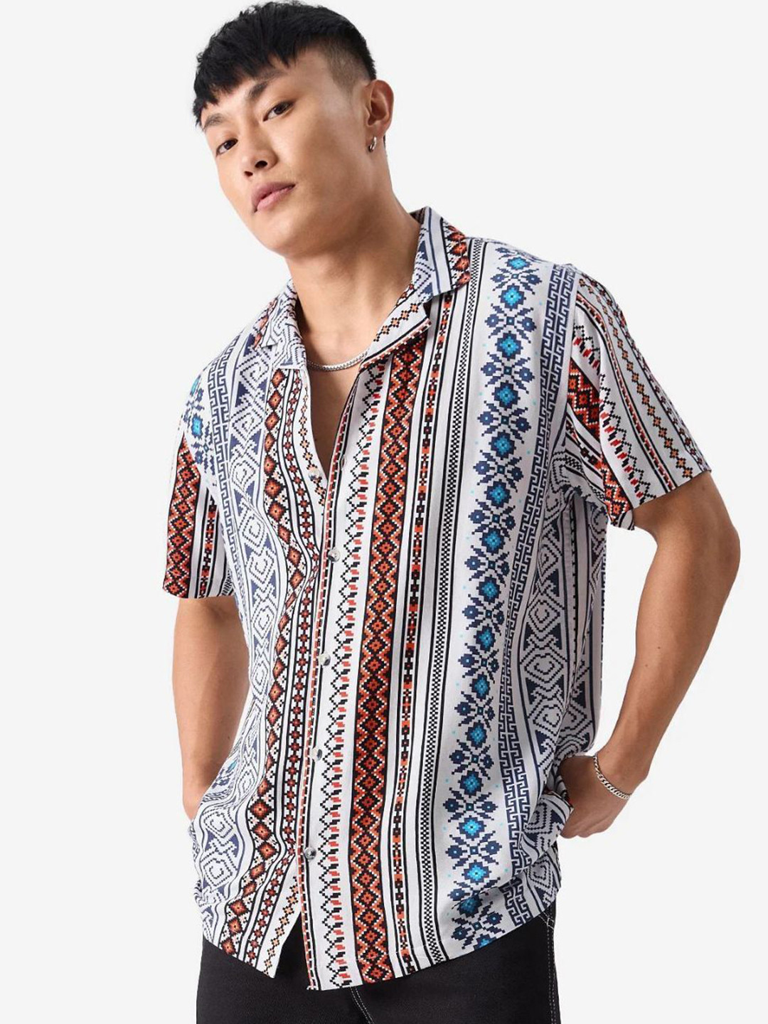VS MALL Men Classic Cuban Collar Printed Casual Shirt