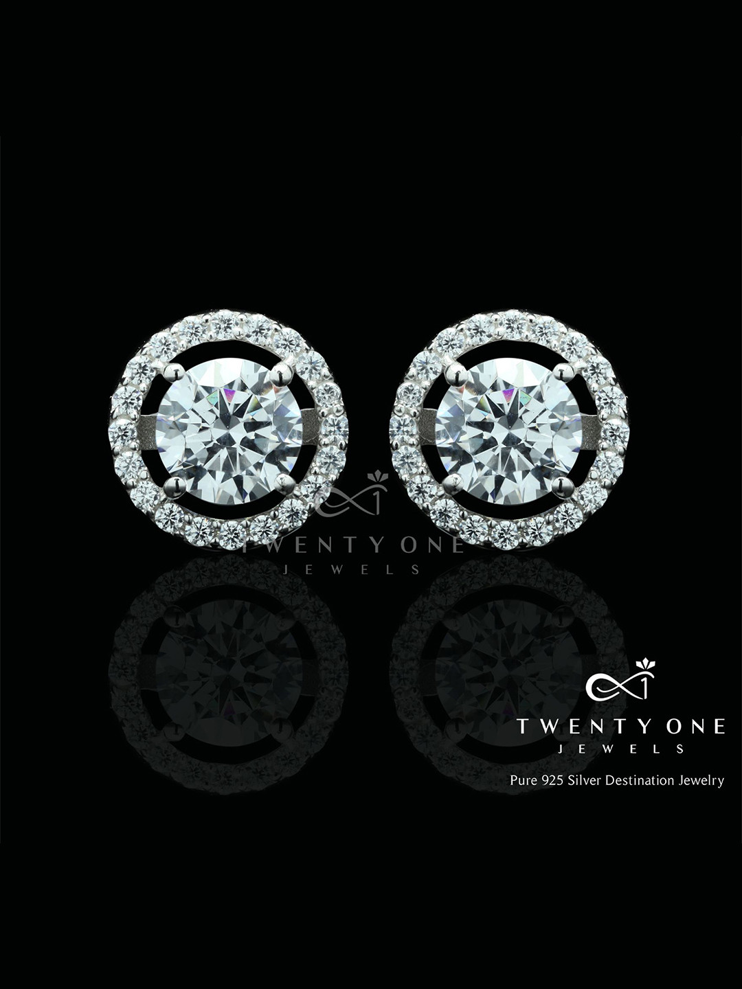 Twenty One Jewels Sterling Silver Rhodium-Plated Zircon Studded Circular Studs Earrings