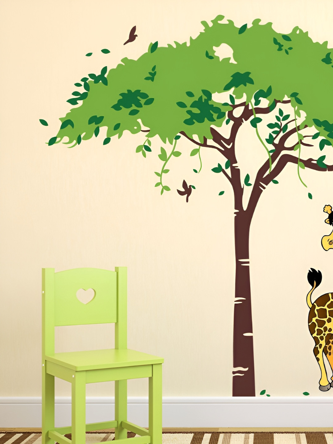 LANSTICK Green & Brown Tree With Giraffe Self Adhesive Wall Sticker