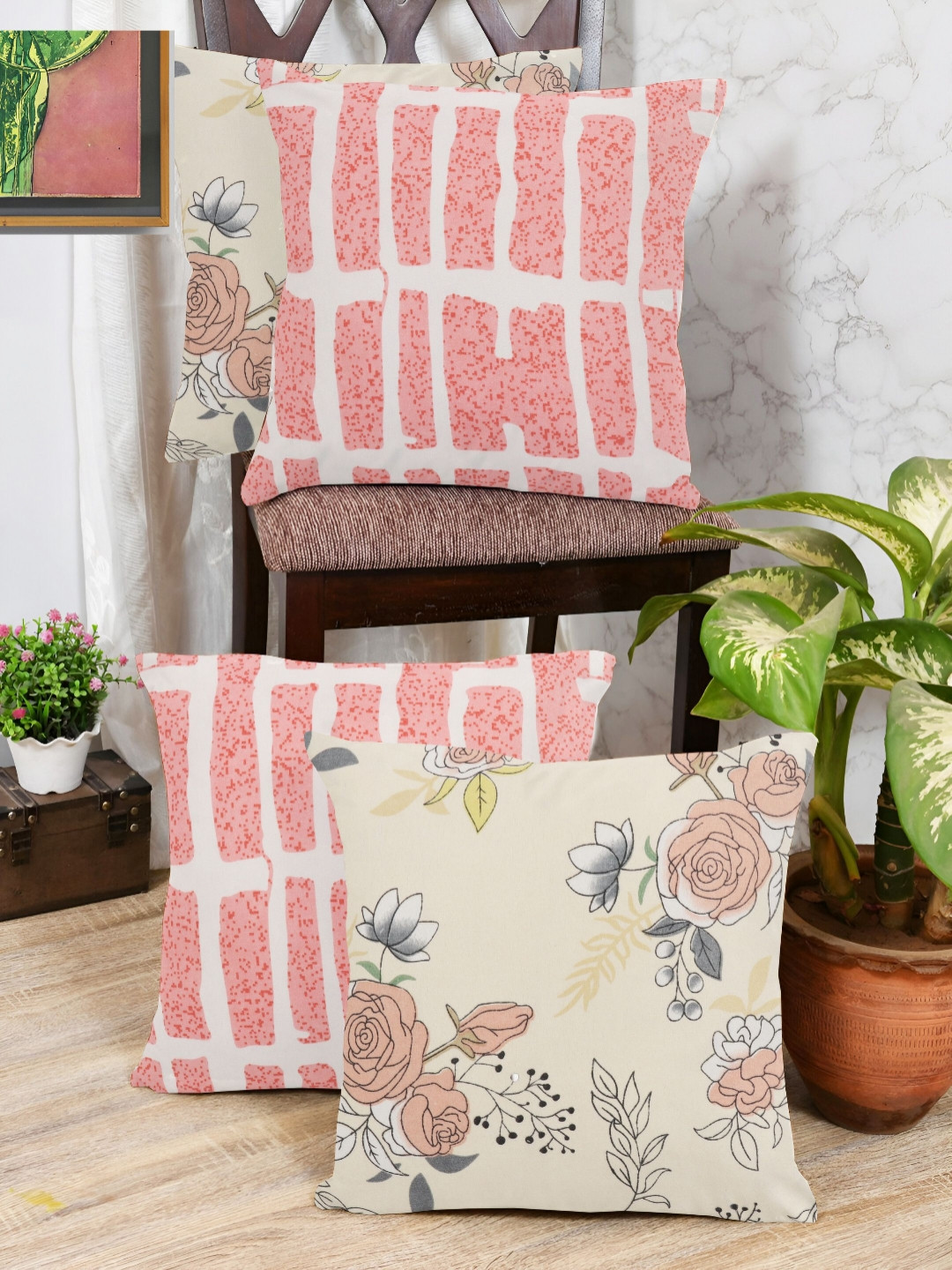 IVAZA Cream Floral Cotton Washable 4 Piece Square Cushion Covers - 23.6 x 23.6 Inches