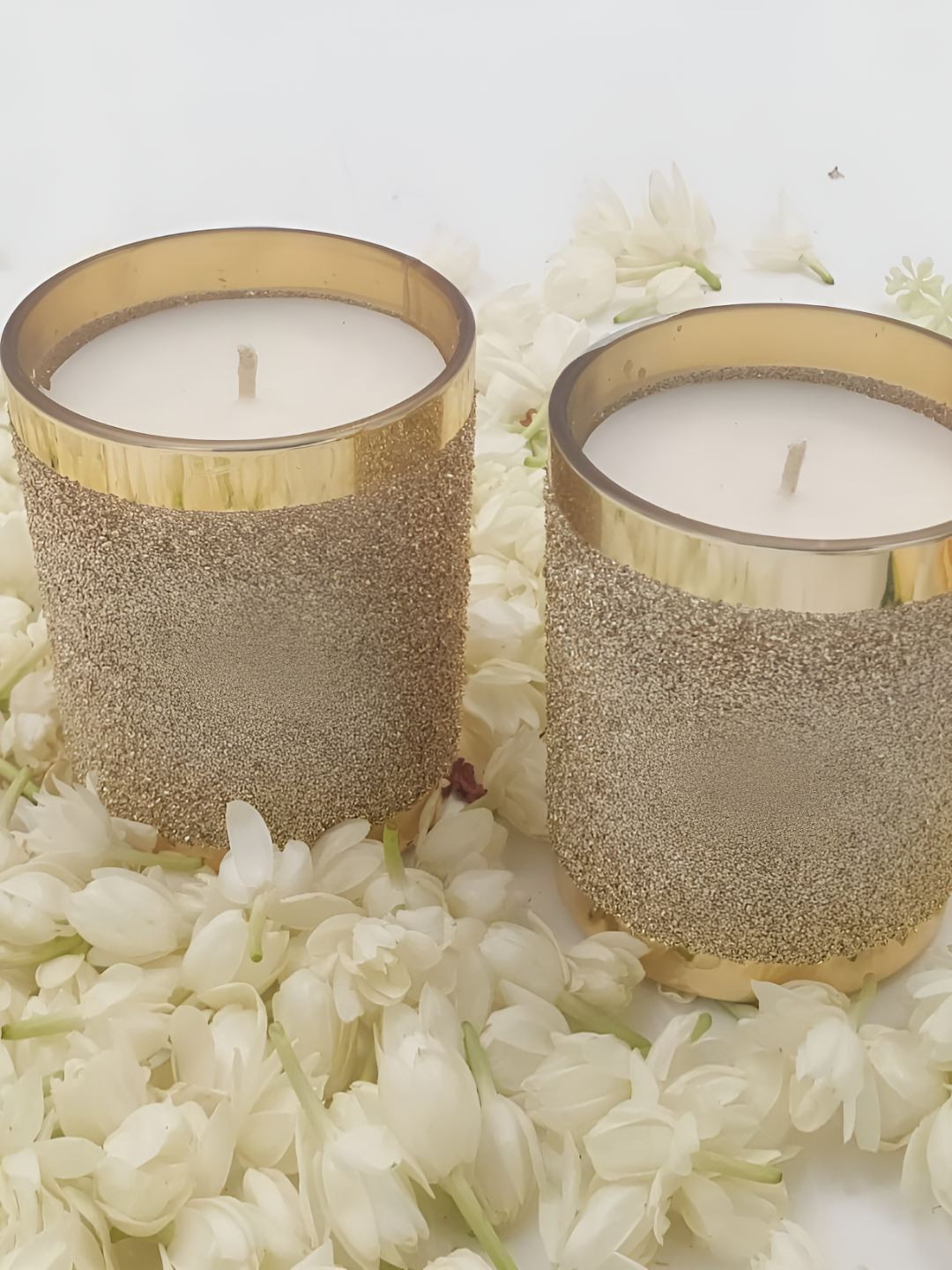 LIGHT JEWELS SHIMMERING GOLDEN GLASS 2Pcs 1 Wick Mogra Solid Geometric Regular Jar Candles