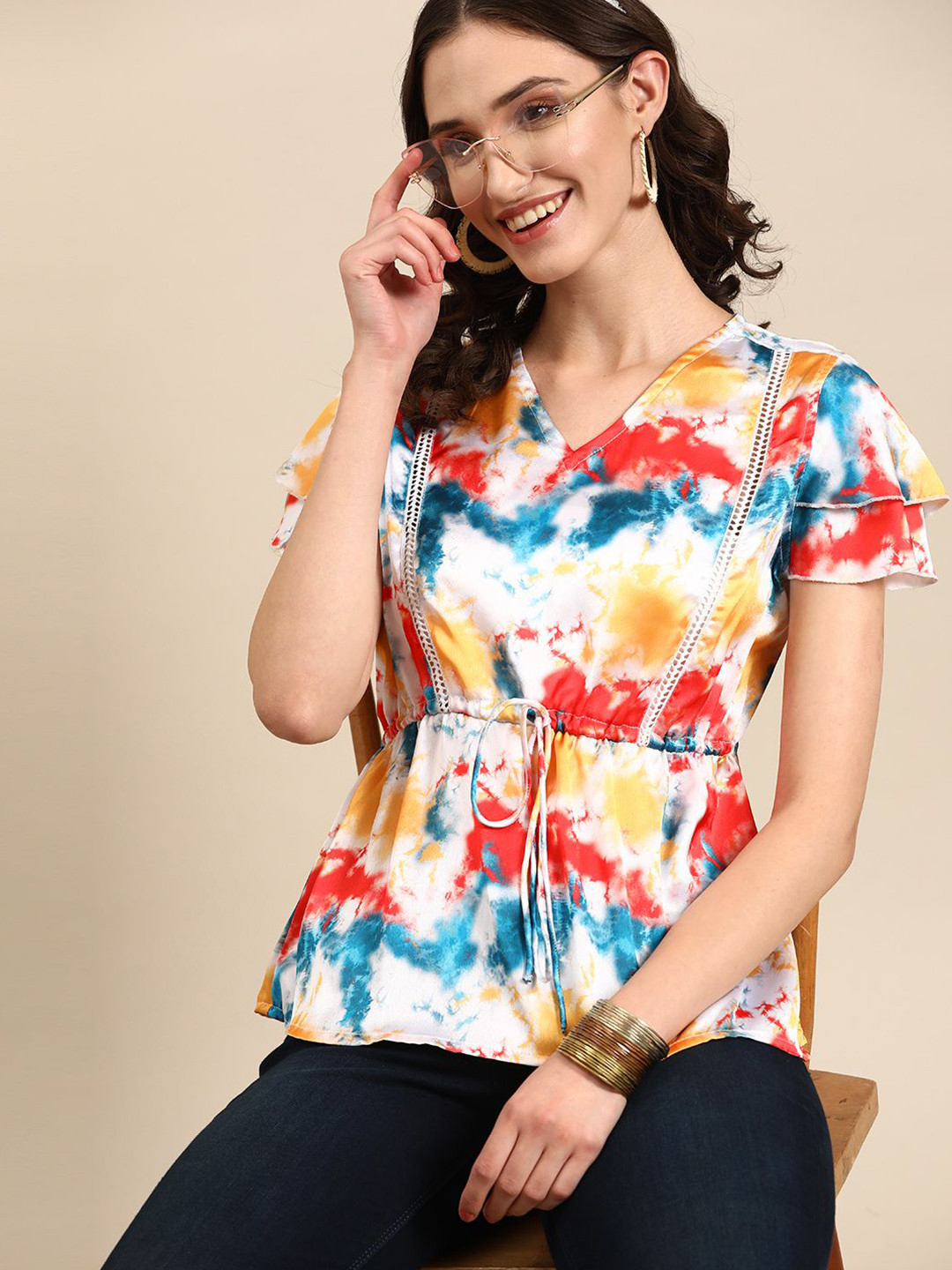 Sangria Women Tie-Dyed Lace Inserts V-neck Top