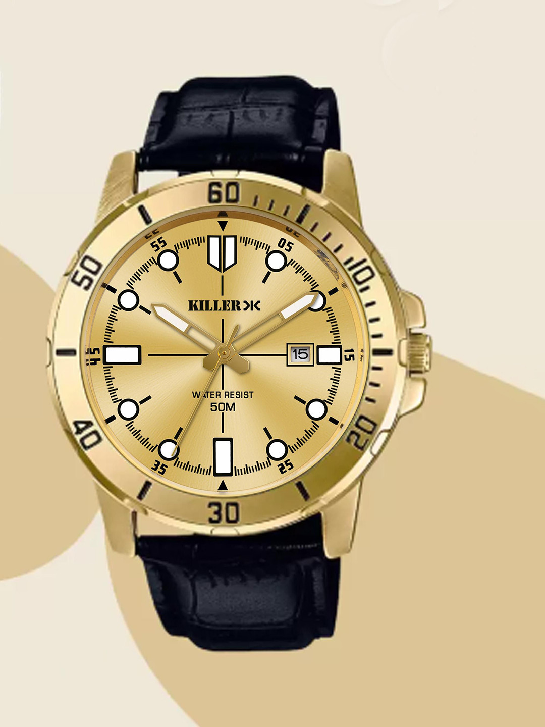 Killer Men Brass Dial & Reset Time Analogue Watch Timewear 7008 Golden Black Edition