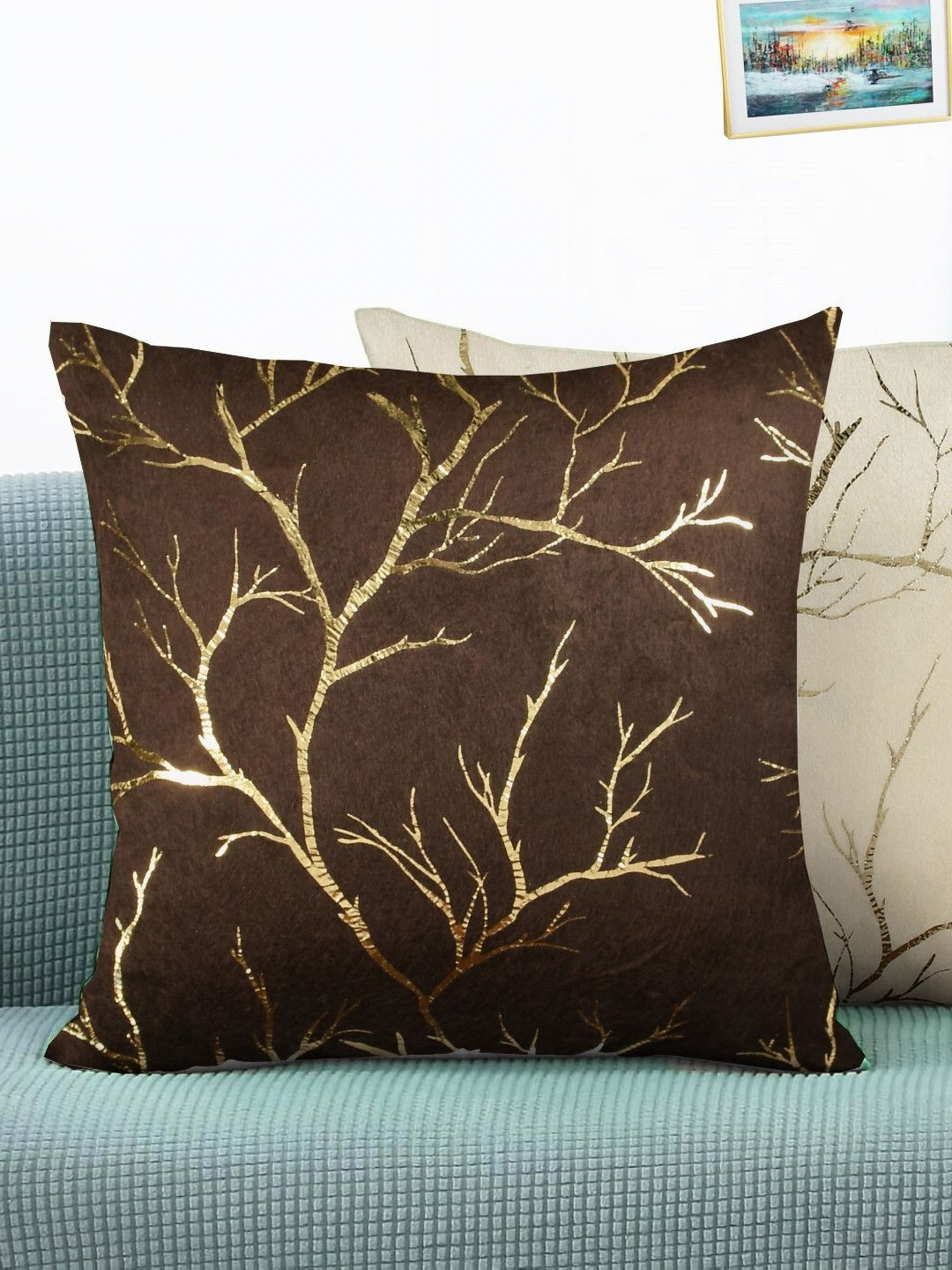 IVAZA Cream-Coloured & Brown Set of 2 Floral Velvet Square Cushion Covers