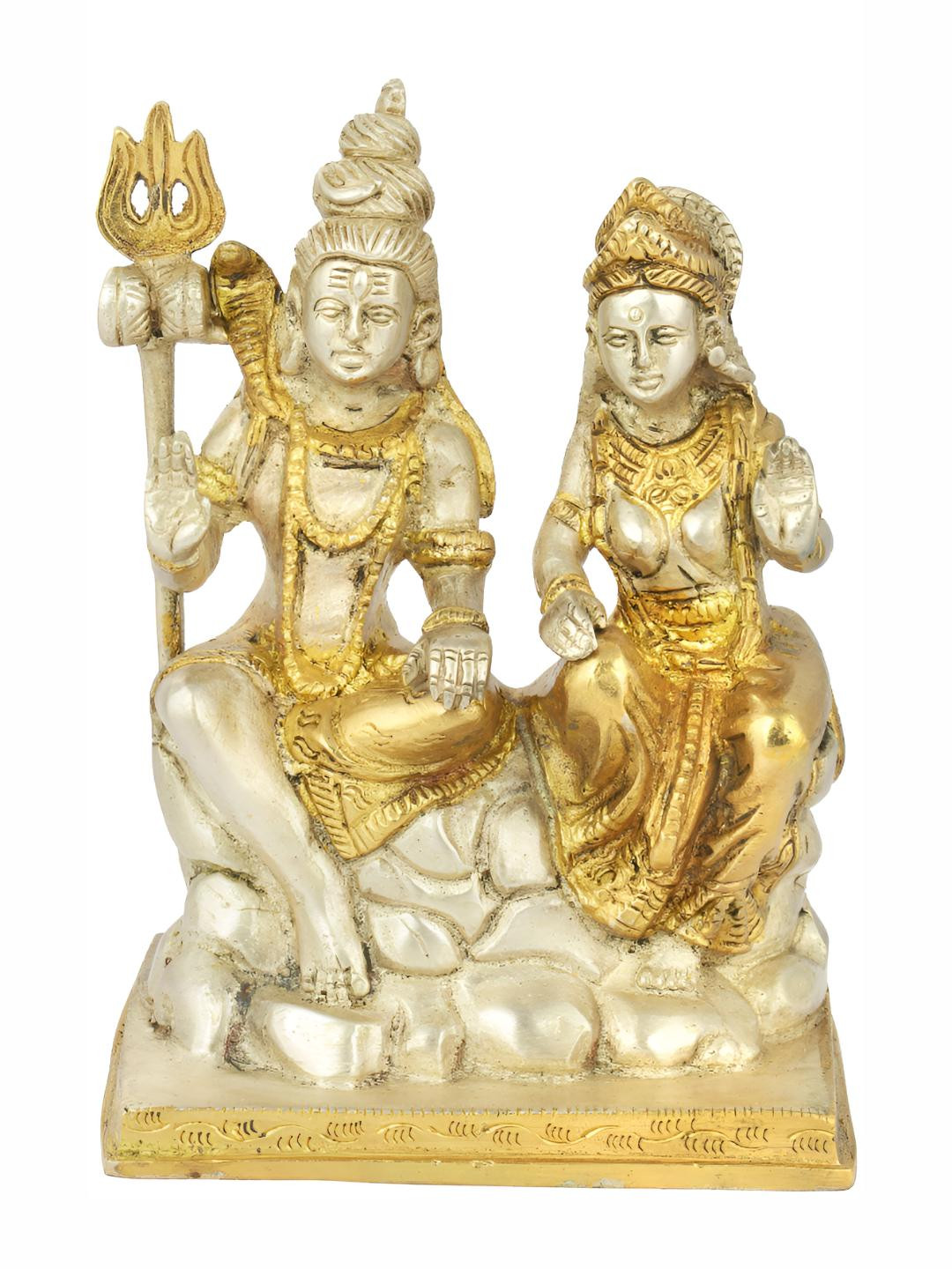 Exotic India Lord Shiva Goddess Parvati Silver Brass Metallic Prayer Room Small Showpiece - 5.7 Inches