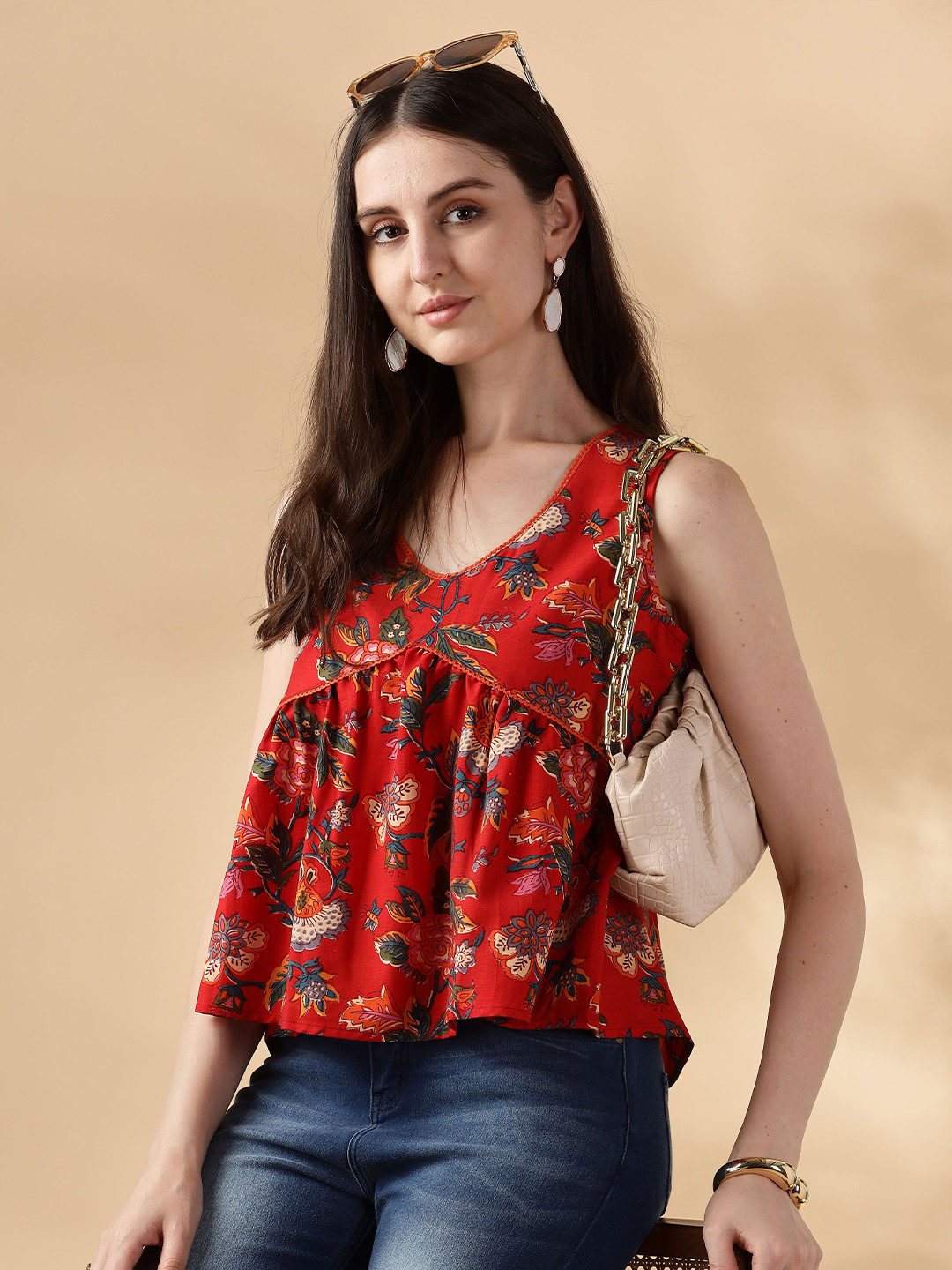Anouk Floral Printed V-Neck A-Line Kurti