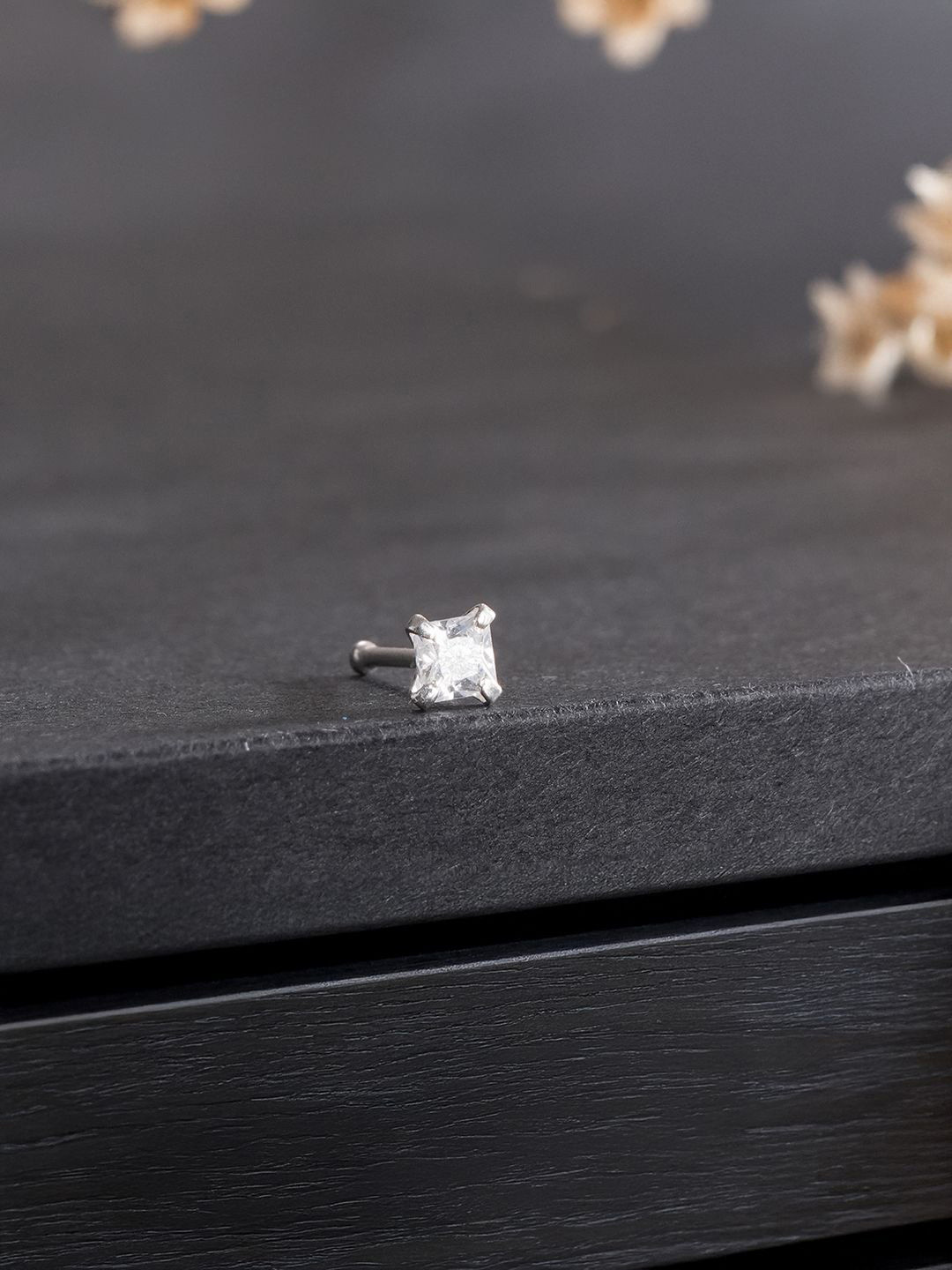 SARAF SILVERETZ 925 Sterling Silver-Plated Princess Cut AD-Stone Studded Stud Nosepin