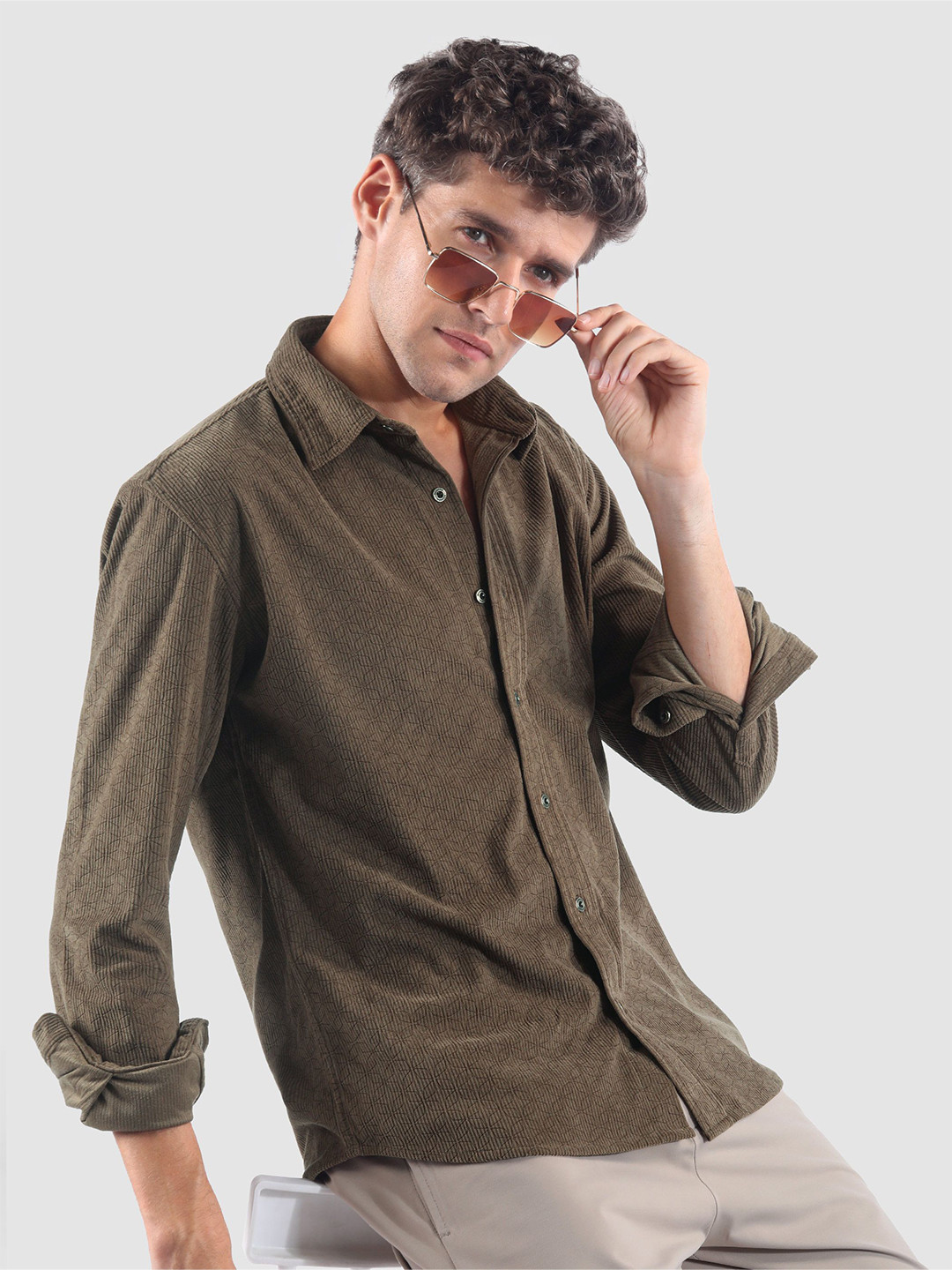 Beyoung Men Coffee Brown Lazer Cut Floral Textured Corduroy Shirt