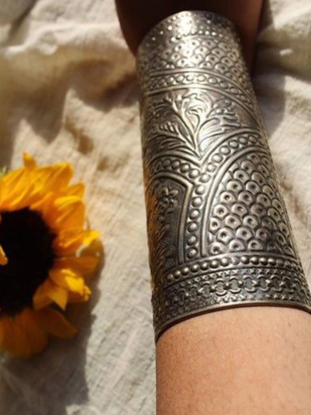 Sanjog German Silver-Plated Oxidised Long Cuff Bracelet