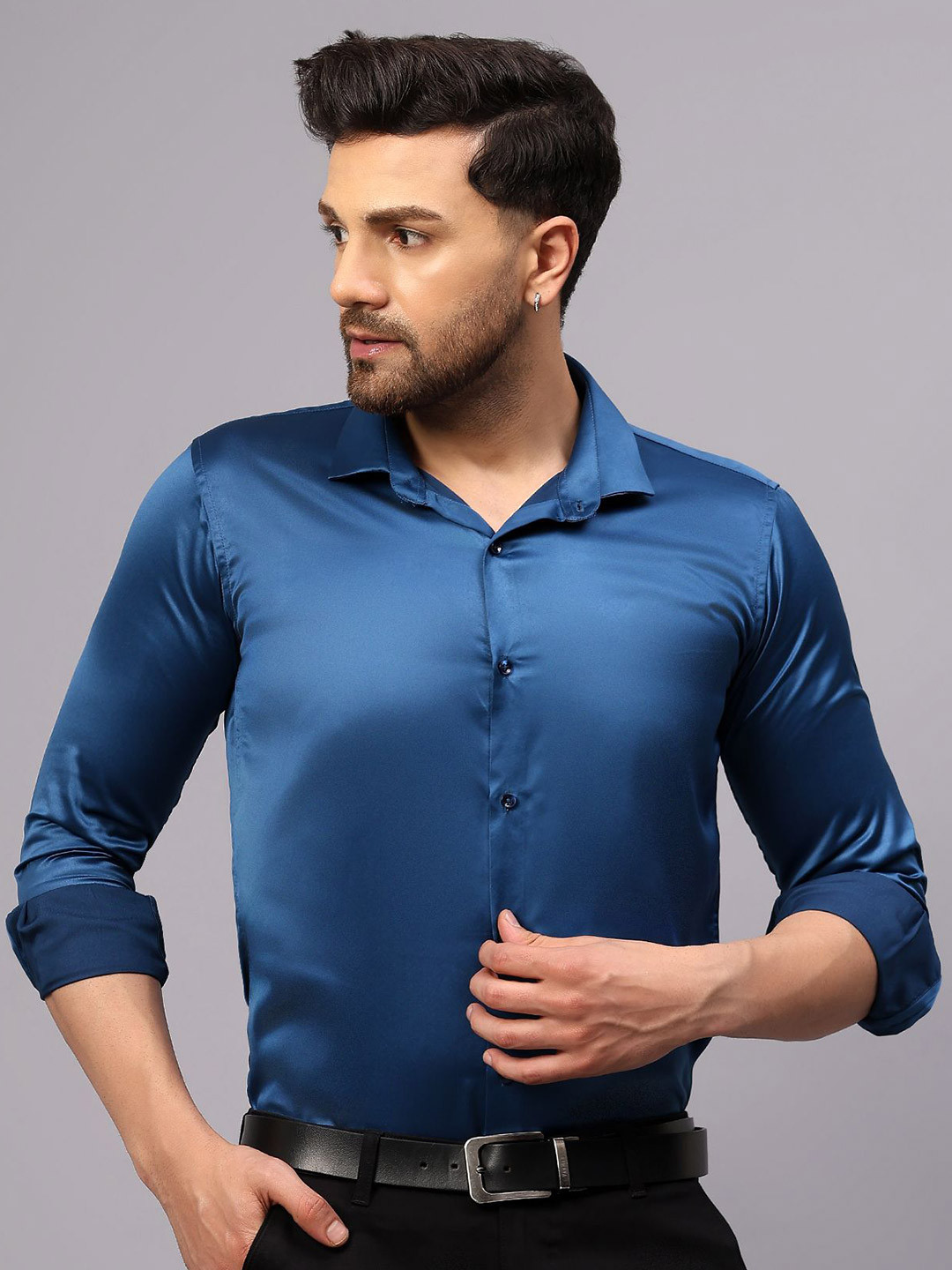 CVC Men Regular Fit Poly Satin Silk Royal Blue Shirt