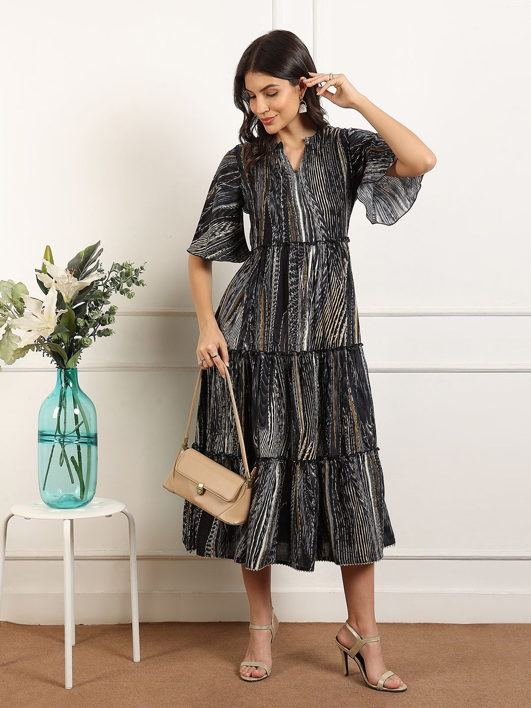 MORDEN MUSE Print Flared Sleeve Fit & Flare Midi Dress