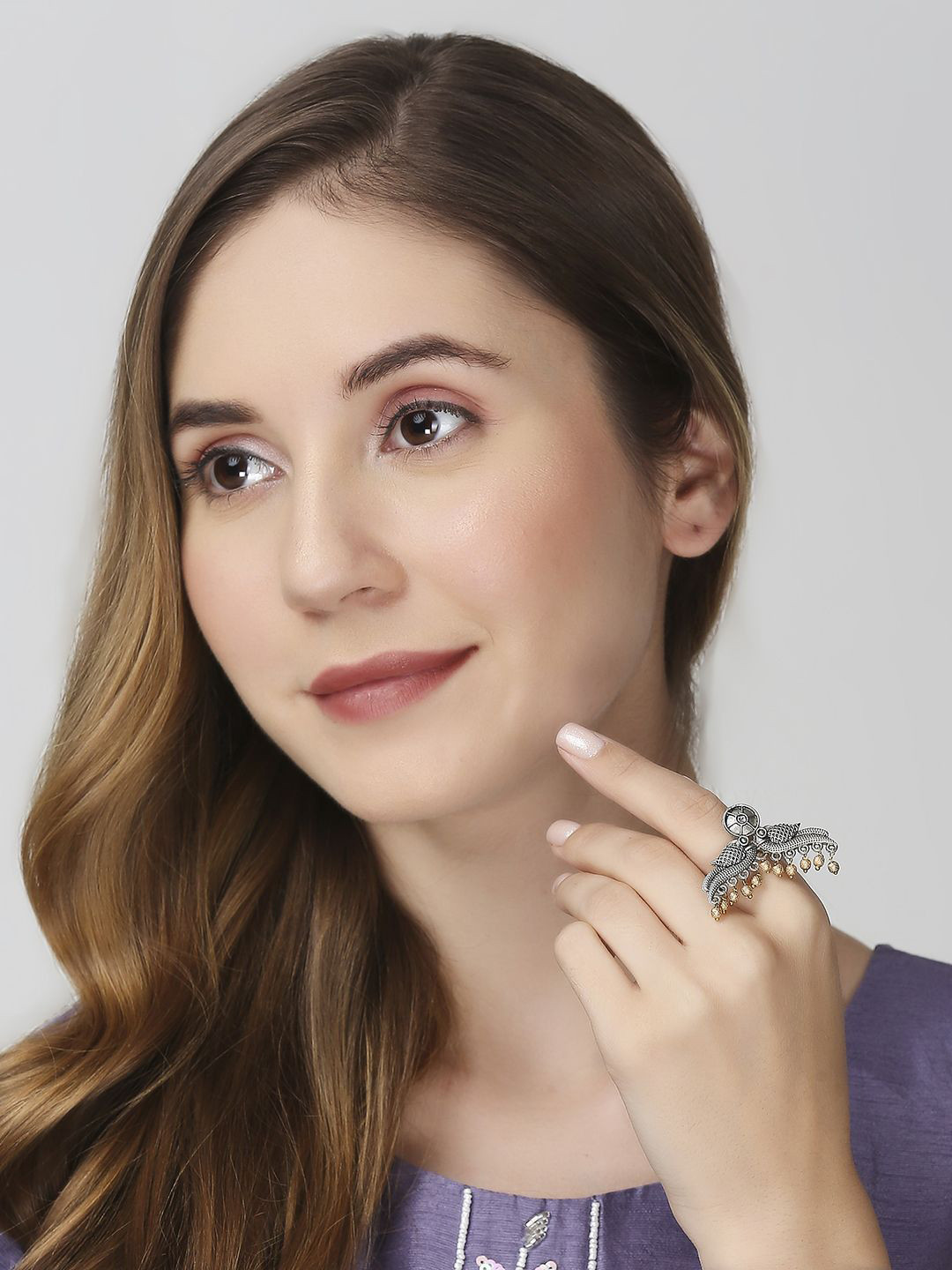 OOMPH Oxidised Beaded Peacock Design Finger Ring