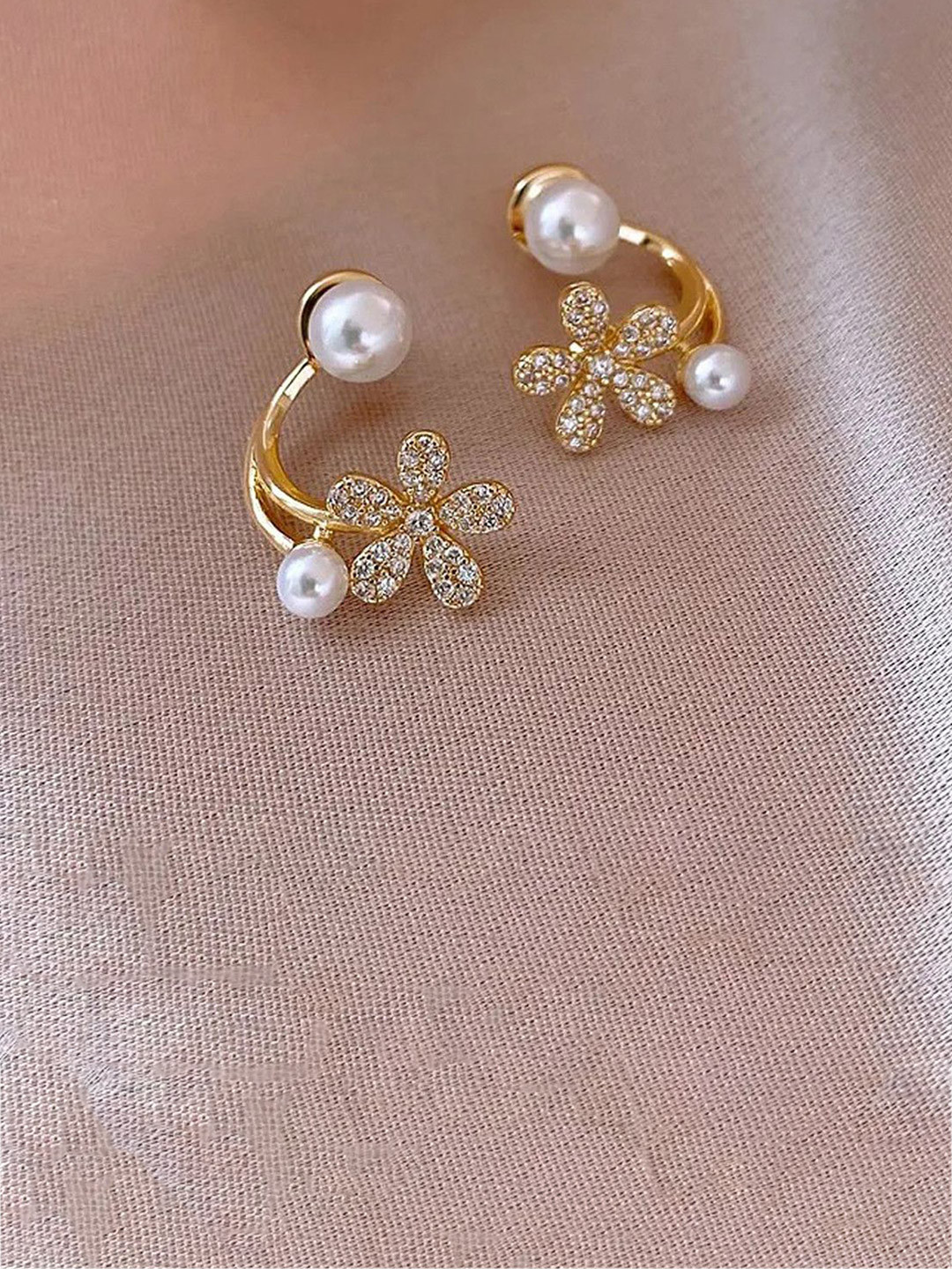 kazare Rhodium-Plated has artificial stones and beads Floral Half Hoop Earrings
