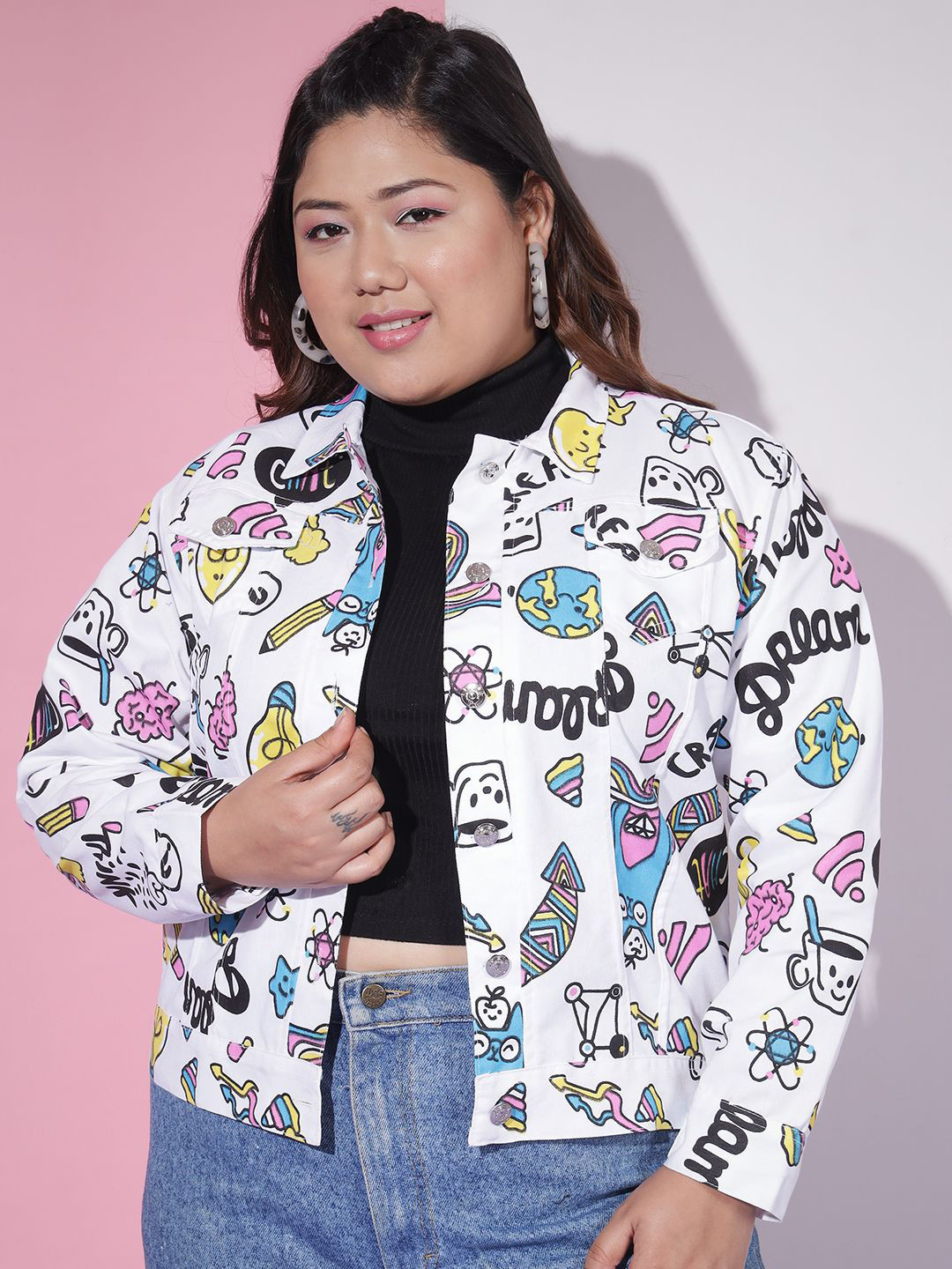 DIMPY GARMENTS Women Plus Size Graphic Denim Jacket