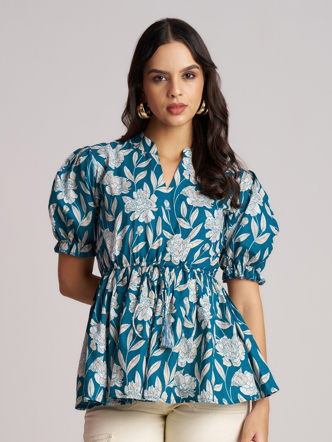 The Cloth Crow Women Floral Print Puff Sleeve Cotton Peplum Top