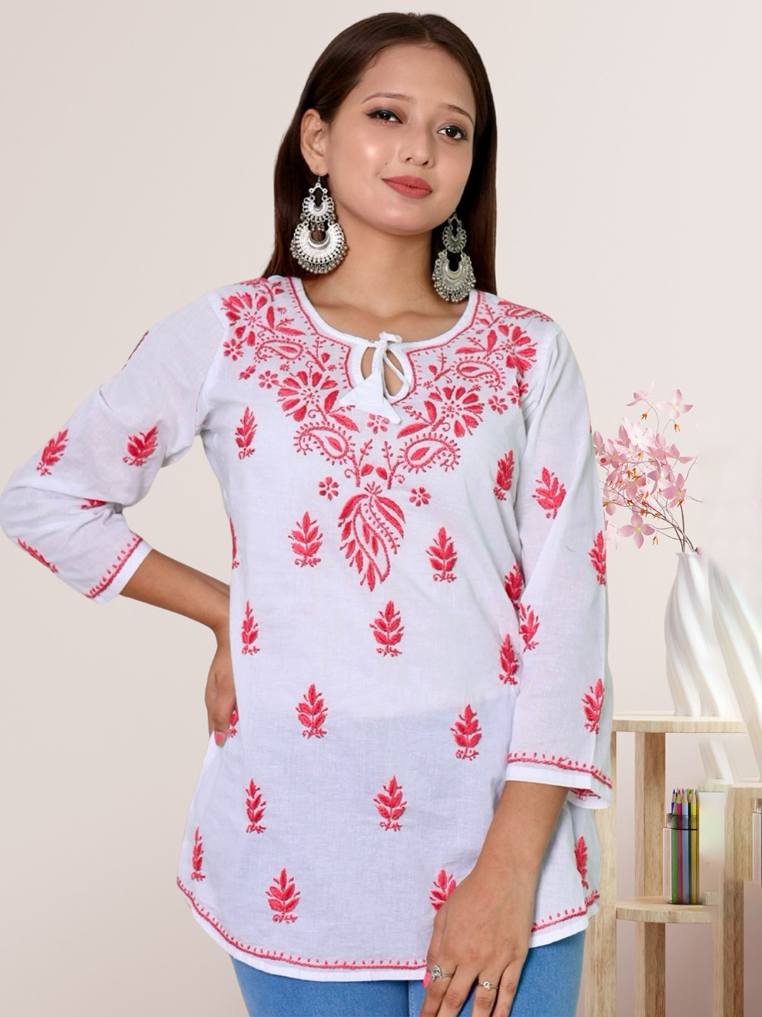 myplusfashion Floral Embroidered Lucknowi Chikankari Short Kurti