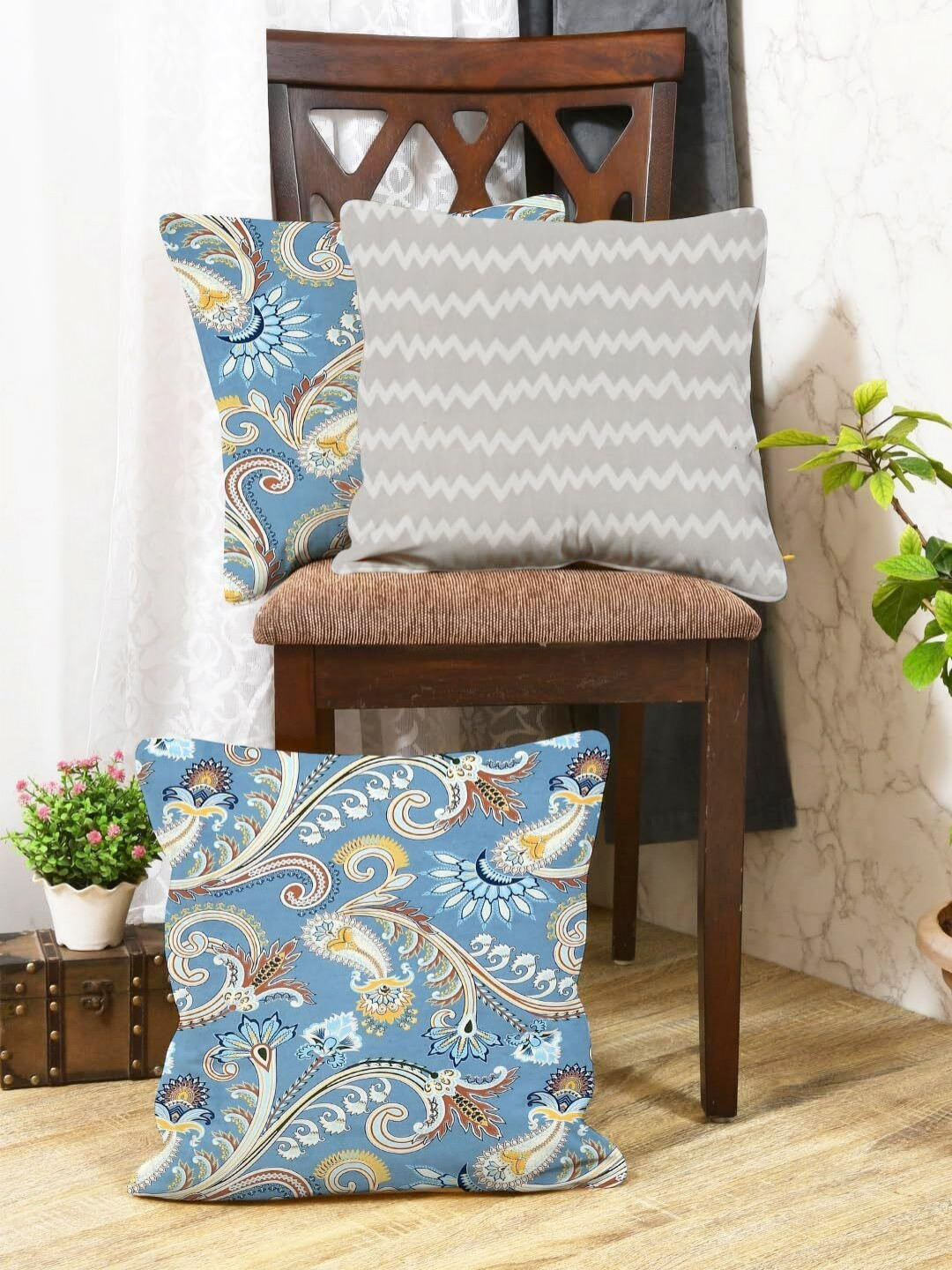 IVAZA Grey Floral Cotton Reversible 3 Patchwork Square Cushion Covers -24x24In