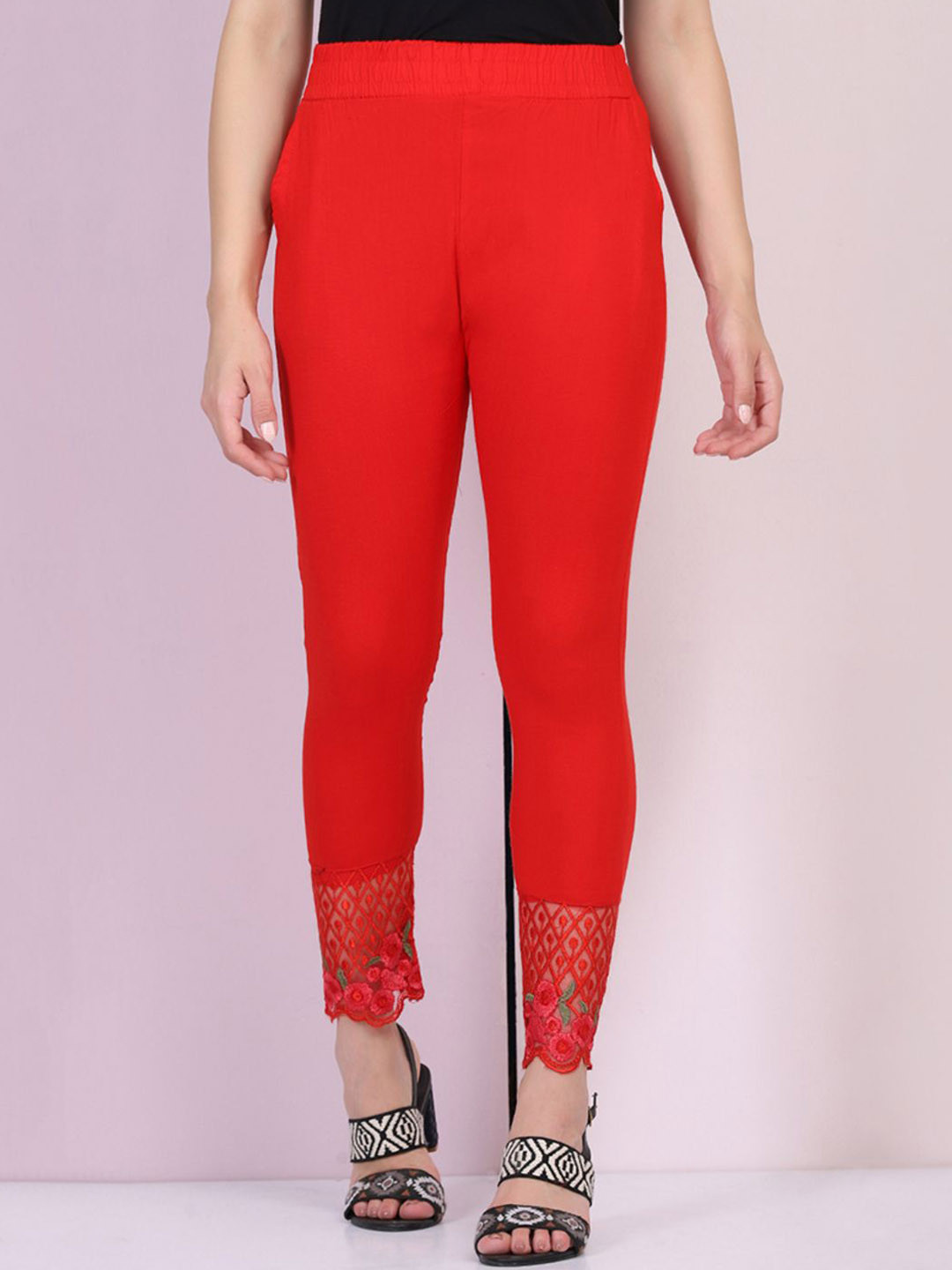 BUY NEW TREND Mid Rise Skinny Fit Cotton Trousers With Lace Details