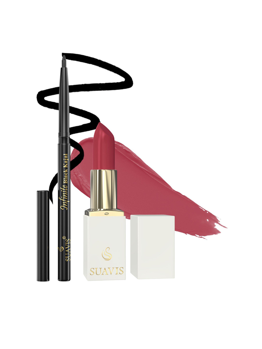 SUAVIS Set Of 2 Long Lasting Lipstick Cranberry Pie - 104 & Kajal Black - 401