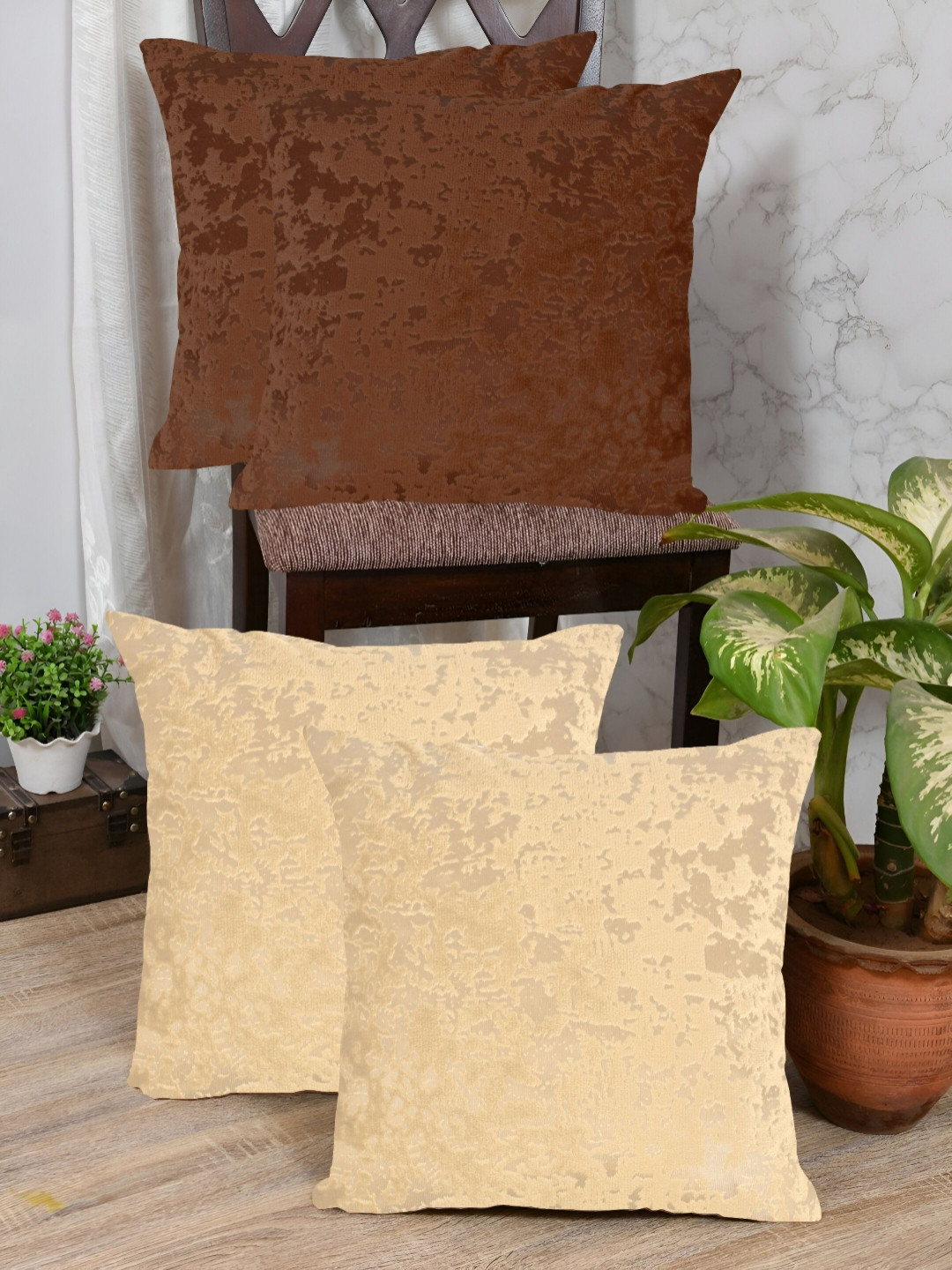 IVAZA Beige Abstract Velvet Durable 4 Piece Square Cushion Covers - 11.8 x 11.8 Inches