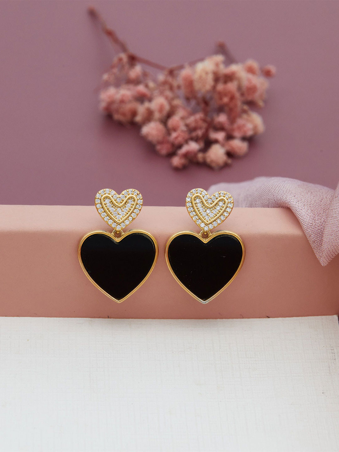 GC Jewelery Black Gold-Plated Heart Drop Earrings with Crystal Top Studs