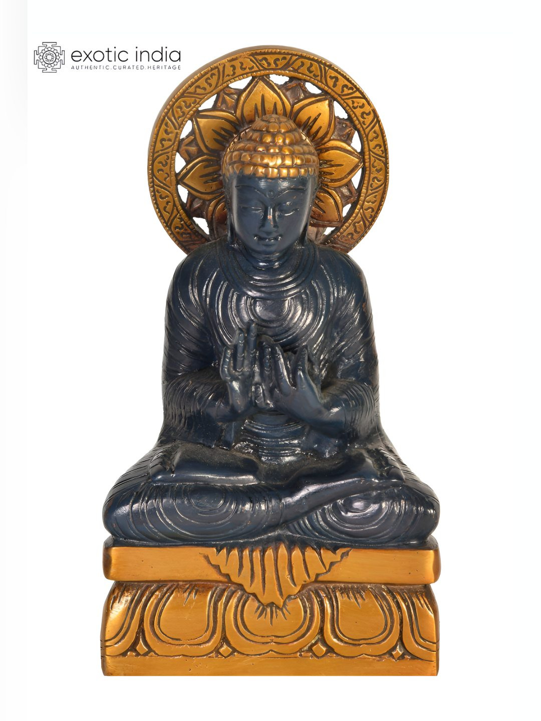 Exotic India Deity Buddha in Dharmachakra Mudra Black Brass Metallic Living Room Small Showpiece - 7.8 Inches