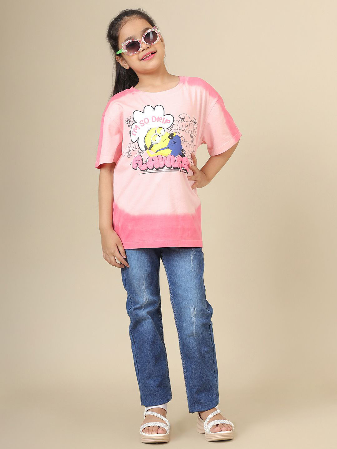 Kids Ville Girls Minions Printed Pure Cotton Oversized Tshirt