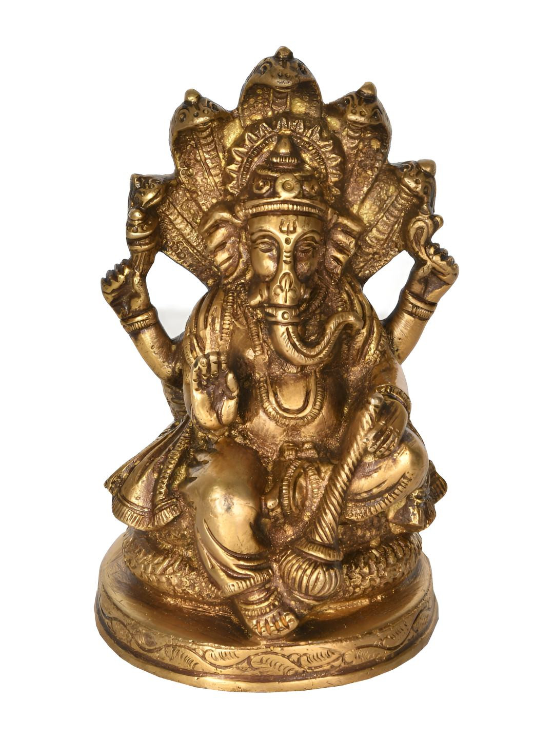 Exotic India Lord Ganesha Seated on Sheshanaga Gold Brass Metallic Prayer Room Small Showpiece - 5 Inches