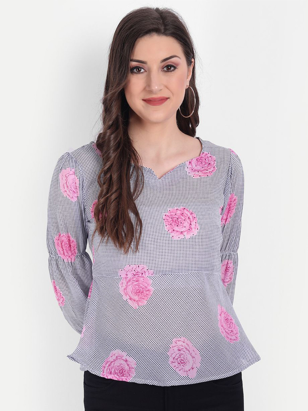 Sangria Women Floral Printed Swarovski Work Peplum Top