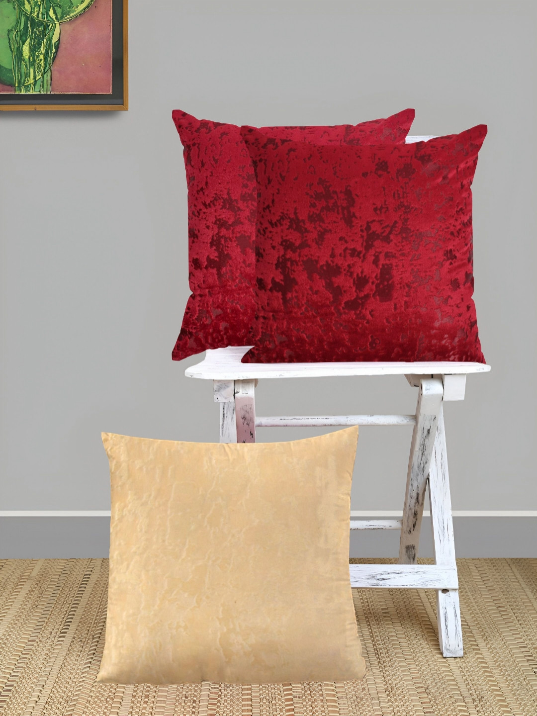 IVAZA Maroon Abstract Velvet Reversible 3 Pcs Square Cushion Covers - 11.8 x 11.8 In