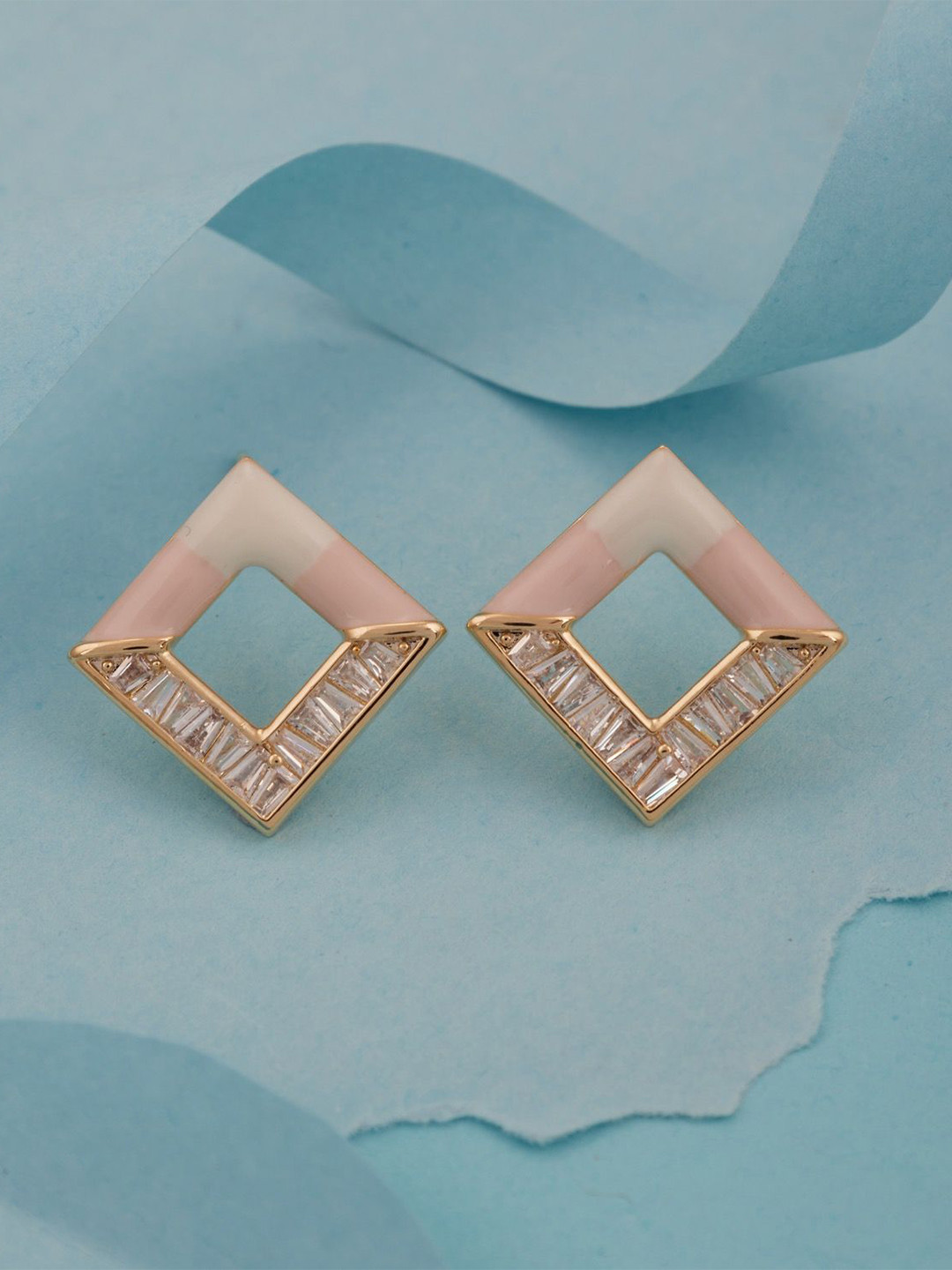 GC Jewelery Gold-Toned Pink & White Enamel Diamond-Shaped with Crystal Detailing Studs