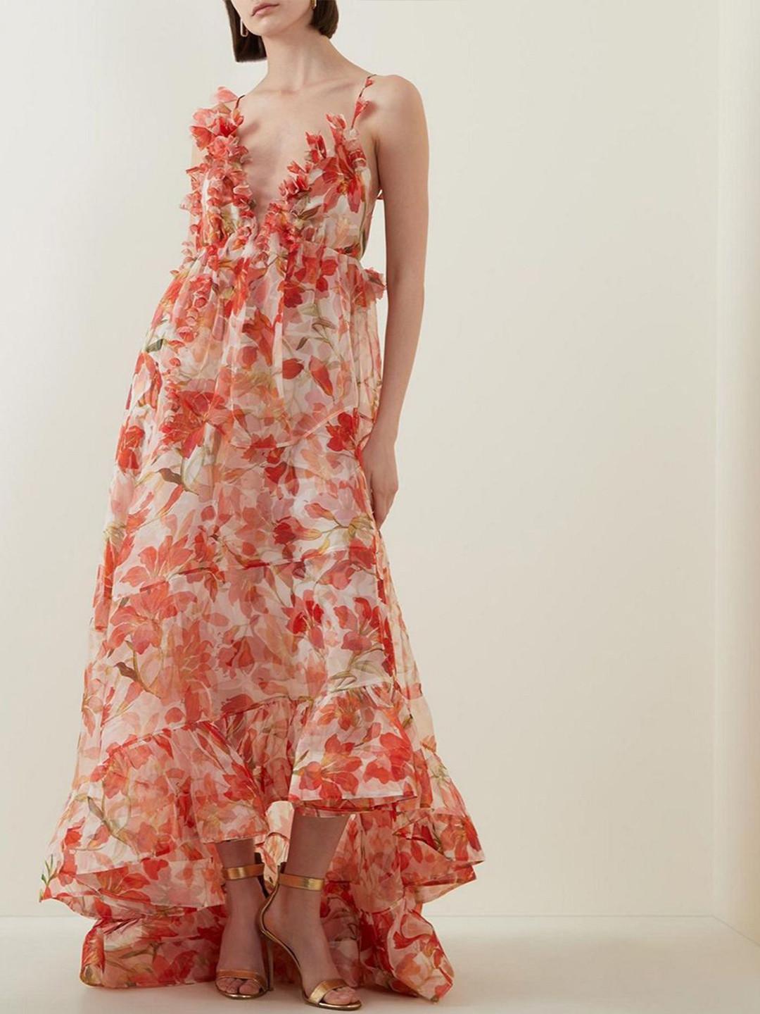 bebe Floral Print Plunge V-Neck Ruffled Strap High-Low Maxi Dress