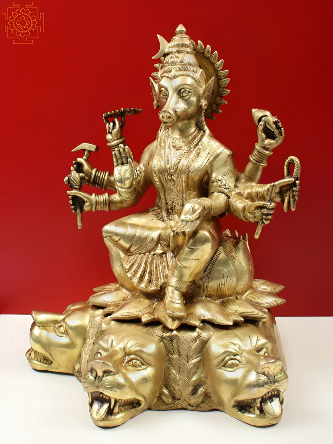 Exotic India Devi Varahi Gold Brass Metallic Prayer Room Large Showpiece - 20 Inches