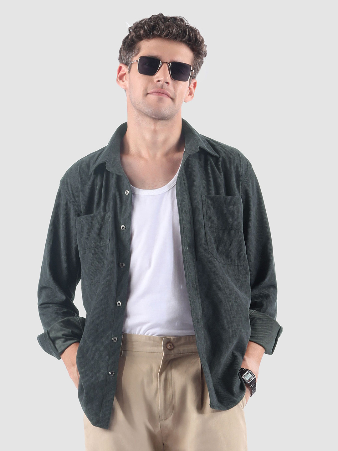 Beyoung Men Grey Lazer Cut Stripe Textured Corduroy Shirt