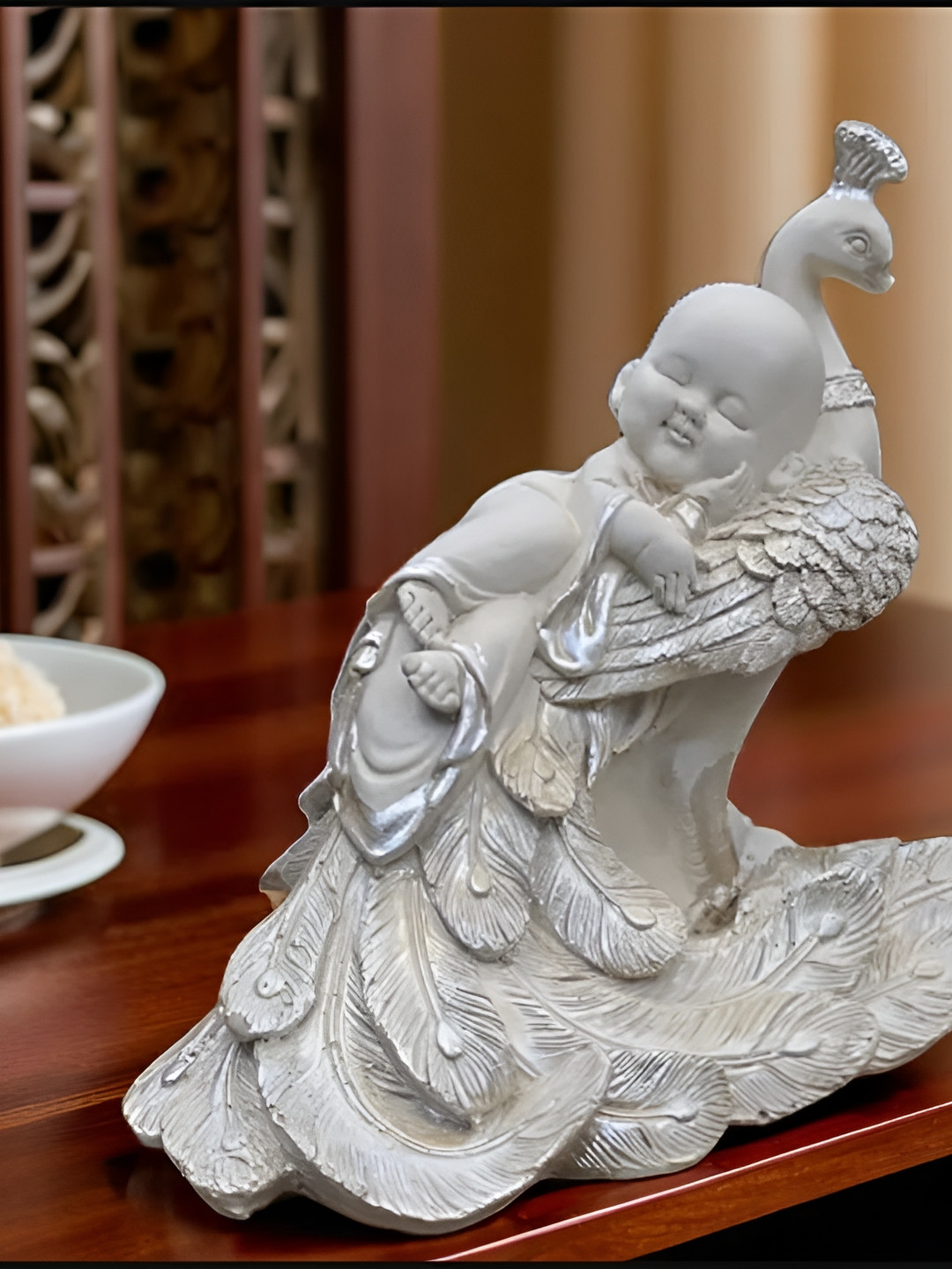 SANKALAN CREATIONS Peacock Sleeping Buddha White Polyresin Natural Garden Medium Showpiece - 4.3 Inches
