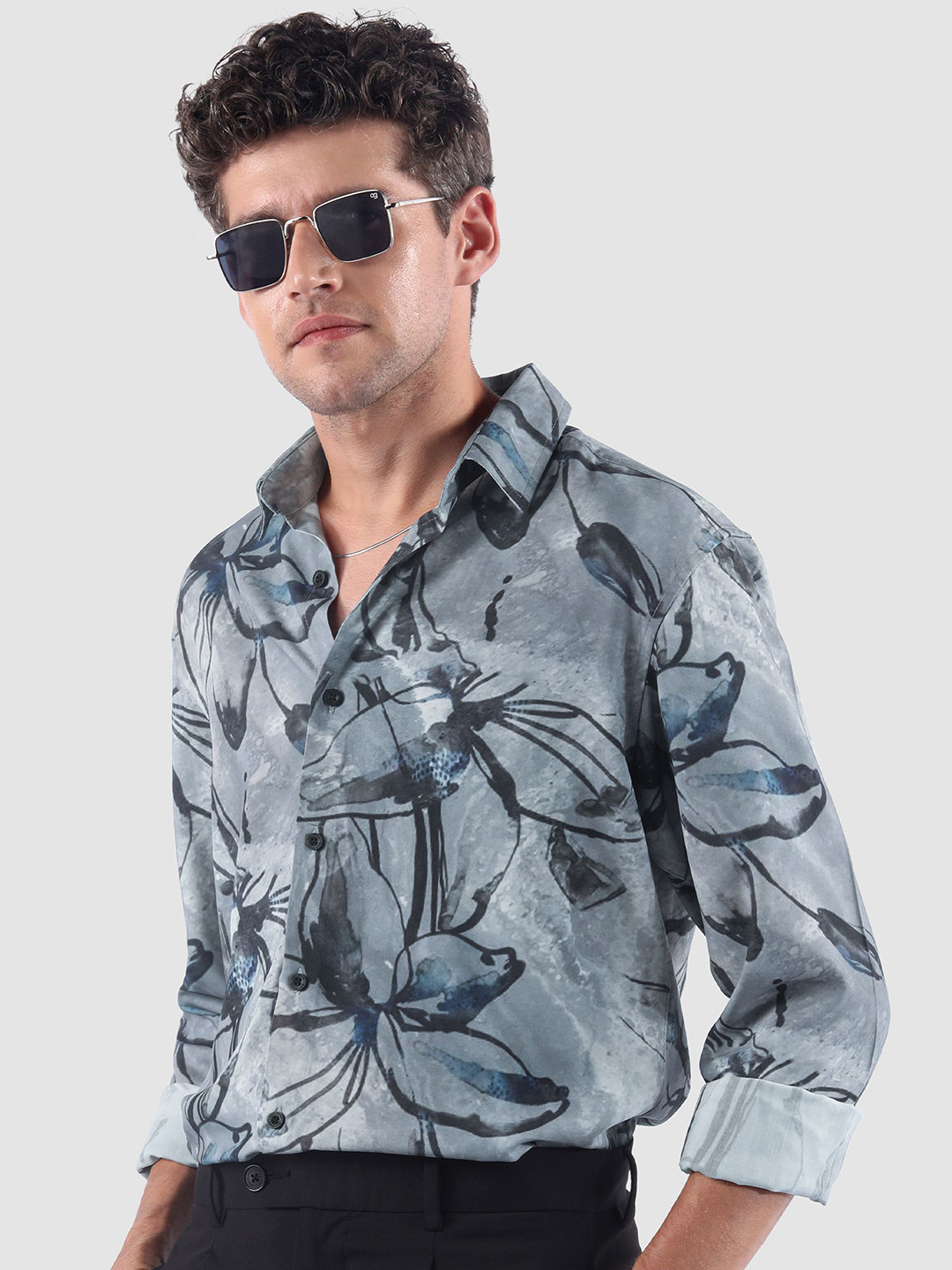 Beyoung Men Light Grey Bold Flower Print Shirt