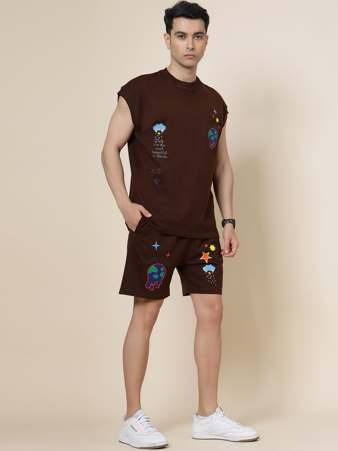 VESTIDO MODAS Printed Cotton Sleeveless T-Shirt & Shorts Co-Ord Set