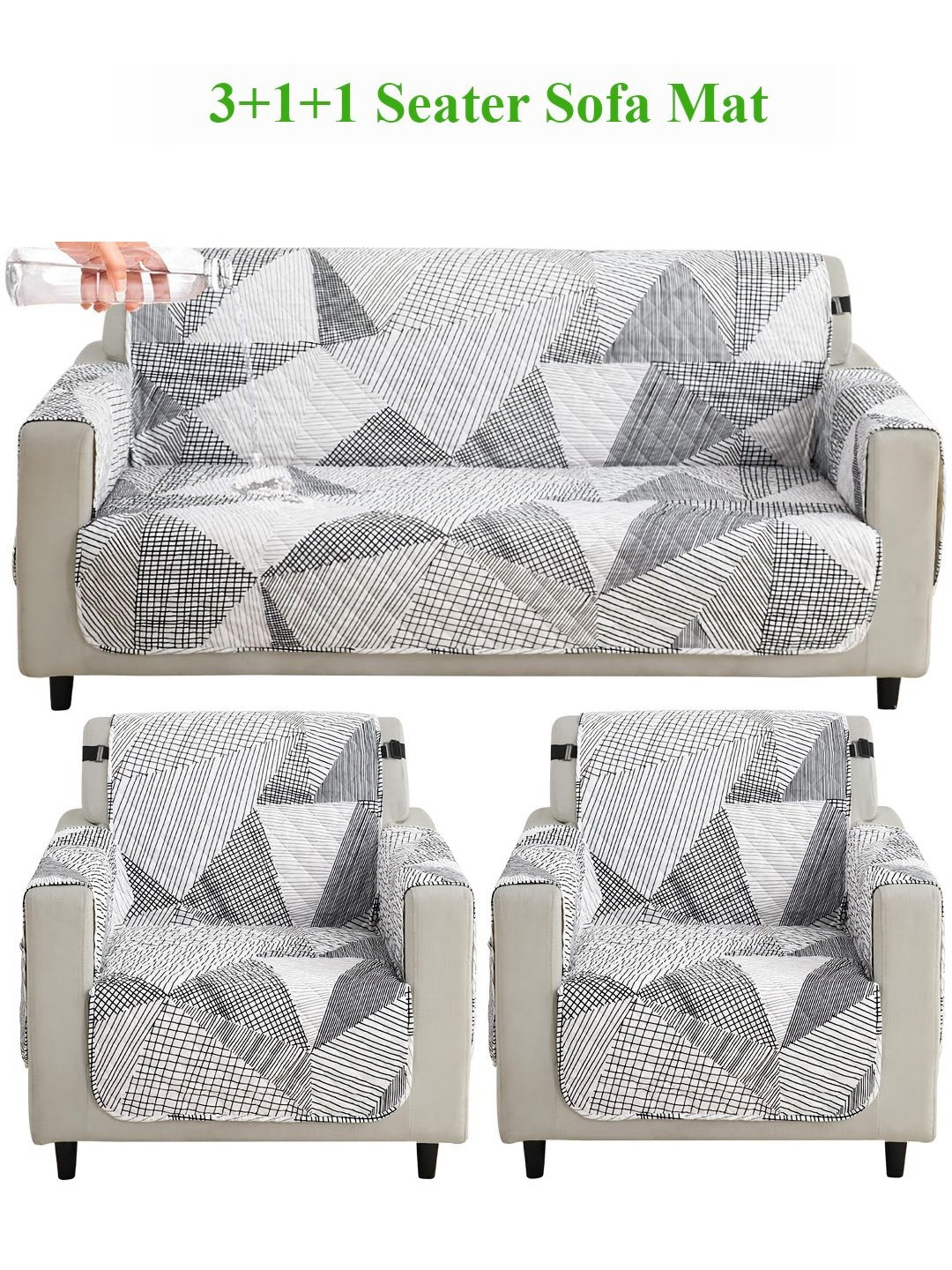 HOKIPO Snow White Black Geometry Print 5 Seater Waterproof Sofa Mat