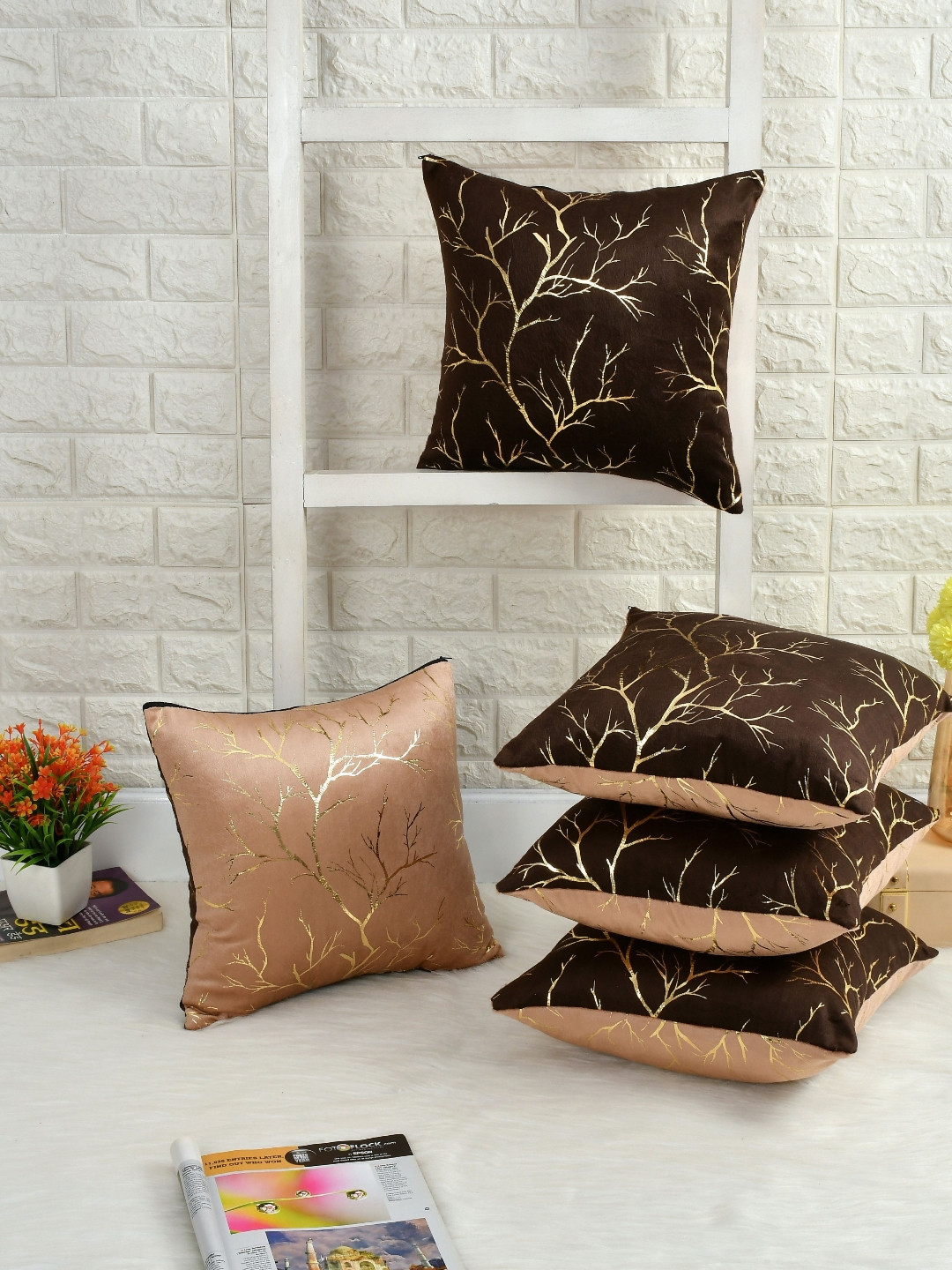 IVAZA Brown & Beige Set of 5 Floral Velvet Square Cushion Covers