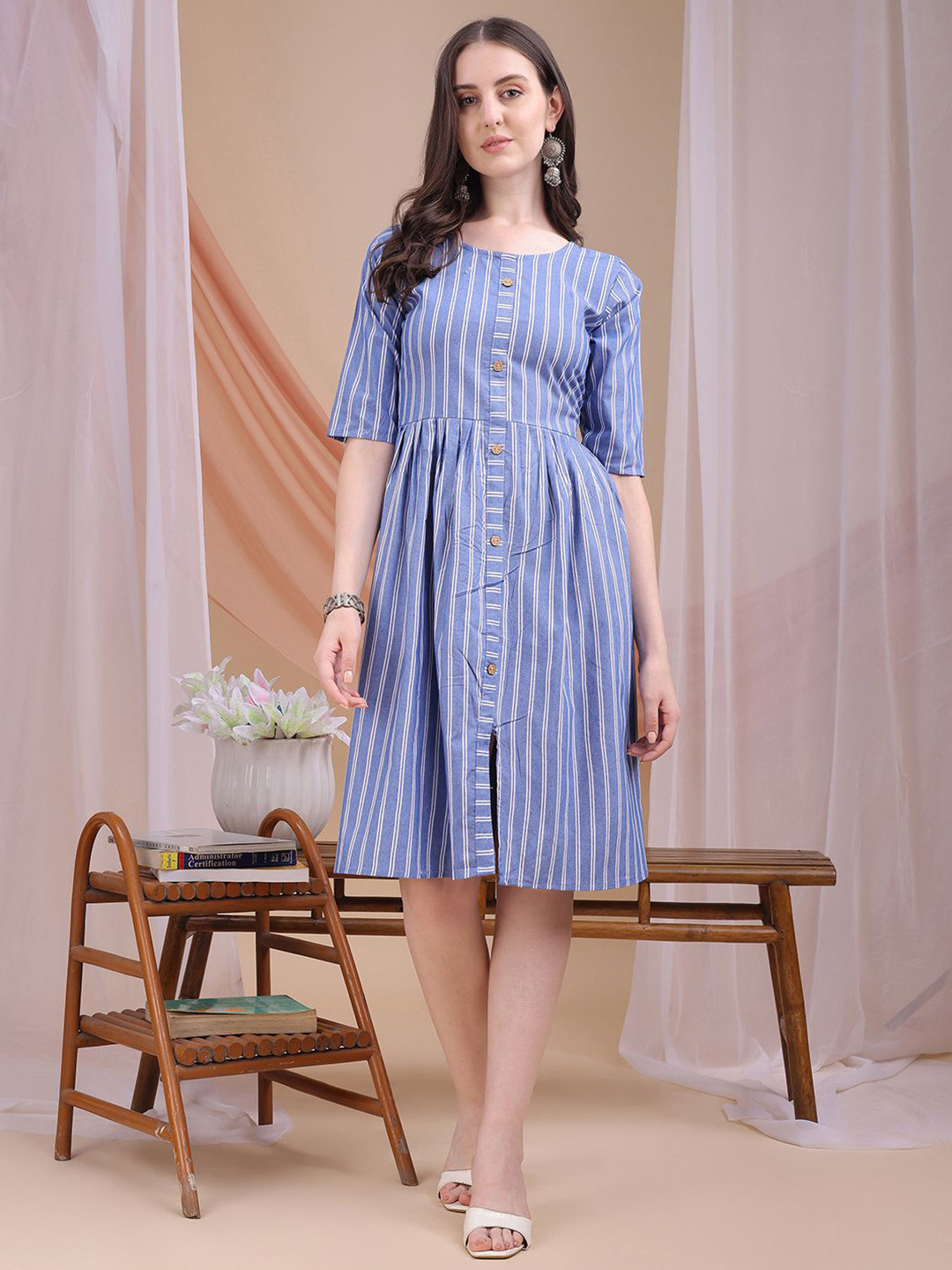 Moda Rapido Women Striped Gathered or Pleated Cotton Fit & Flare Dress