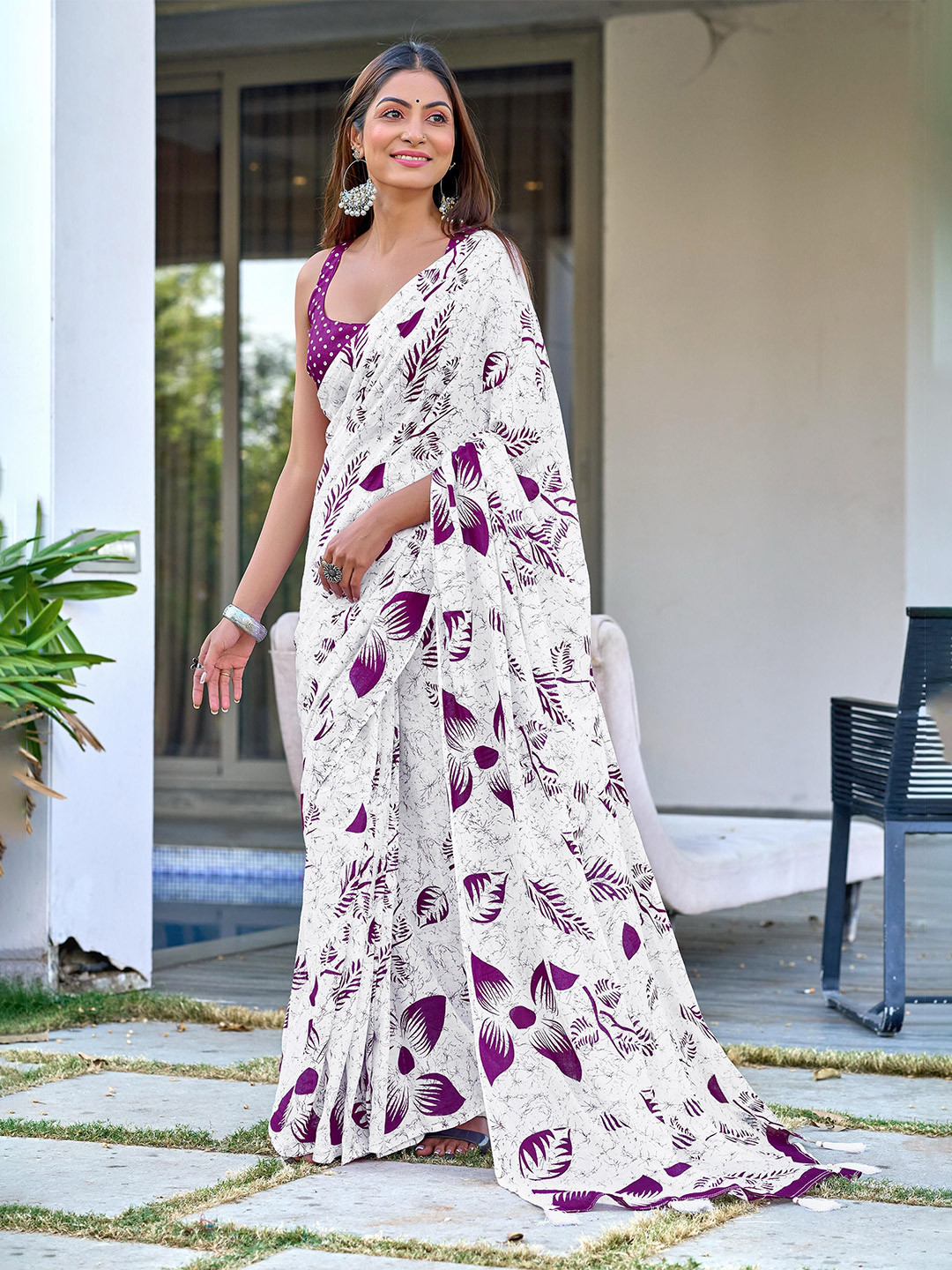LeeliPeeri Designer Floral Block Printed Mulmul Cotton 1-Minute Saree